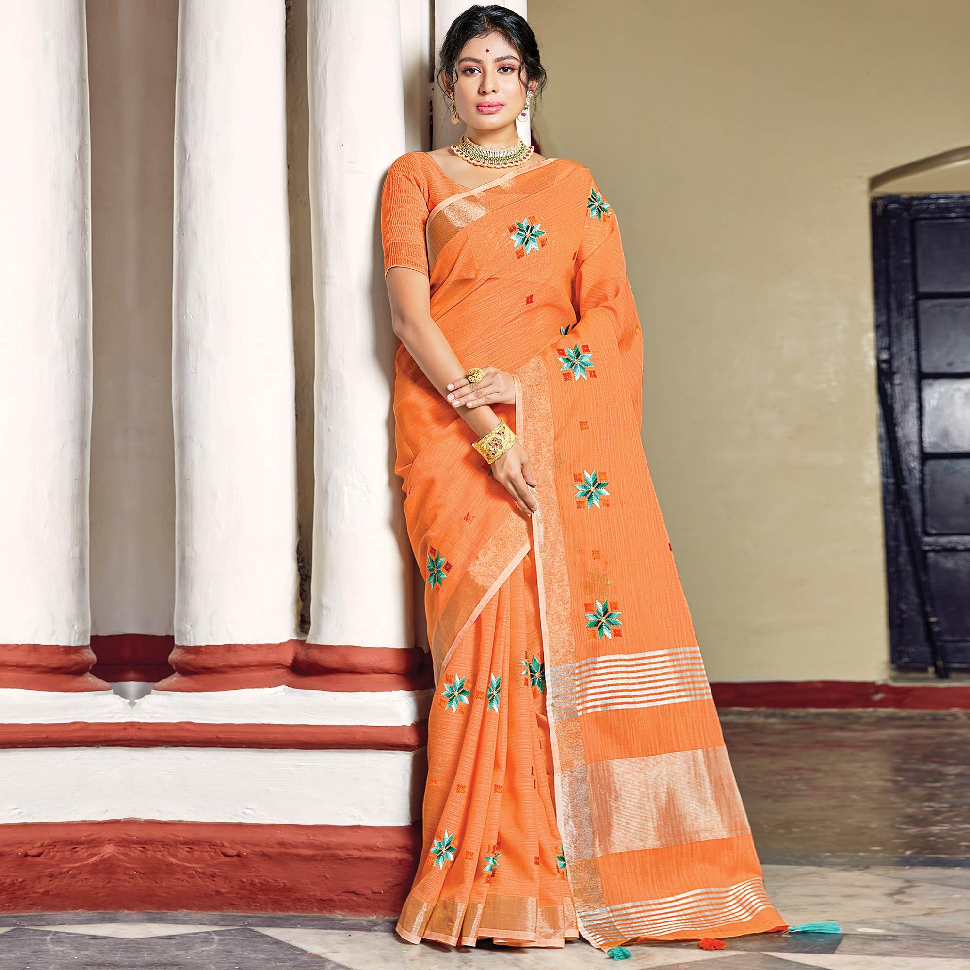 Orange Festive Wear Printed Linen Saree - Peachmode