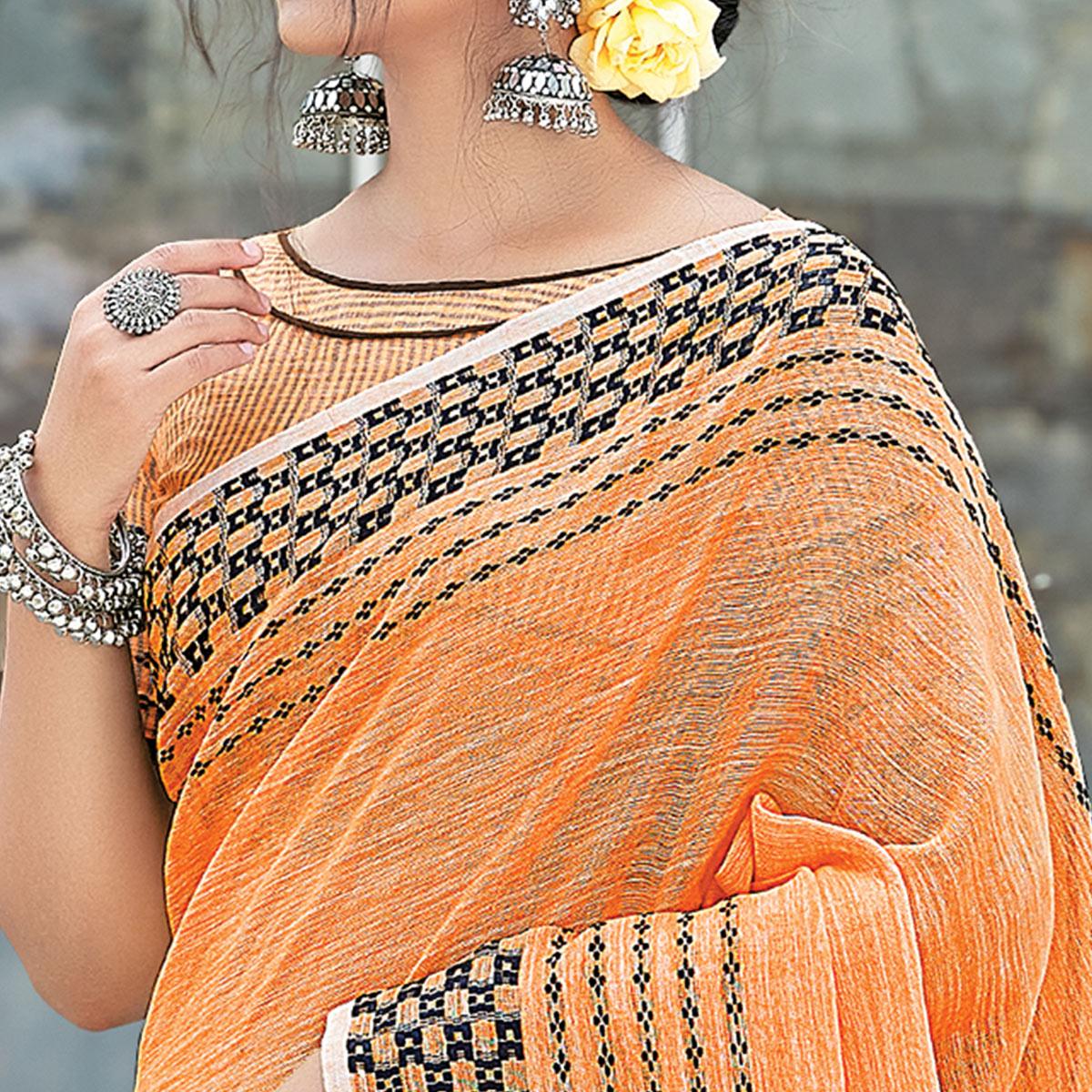 Orange Festive Wear Printed Linen Saree - Peachmode