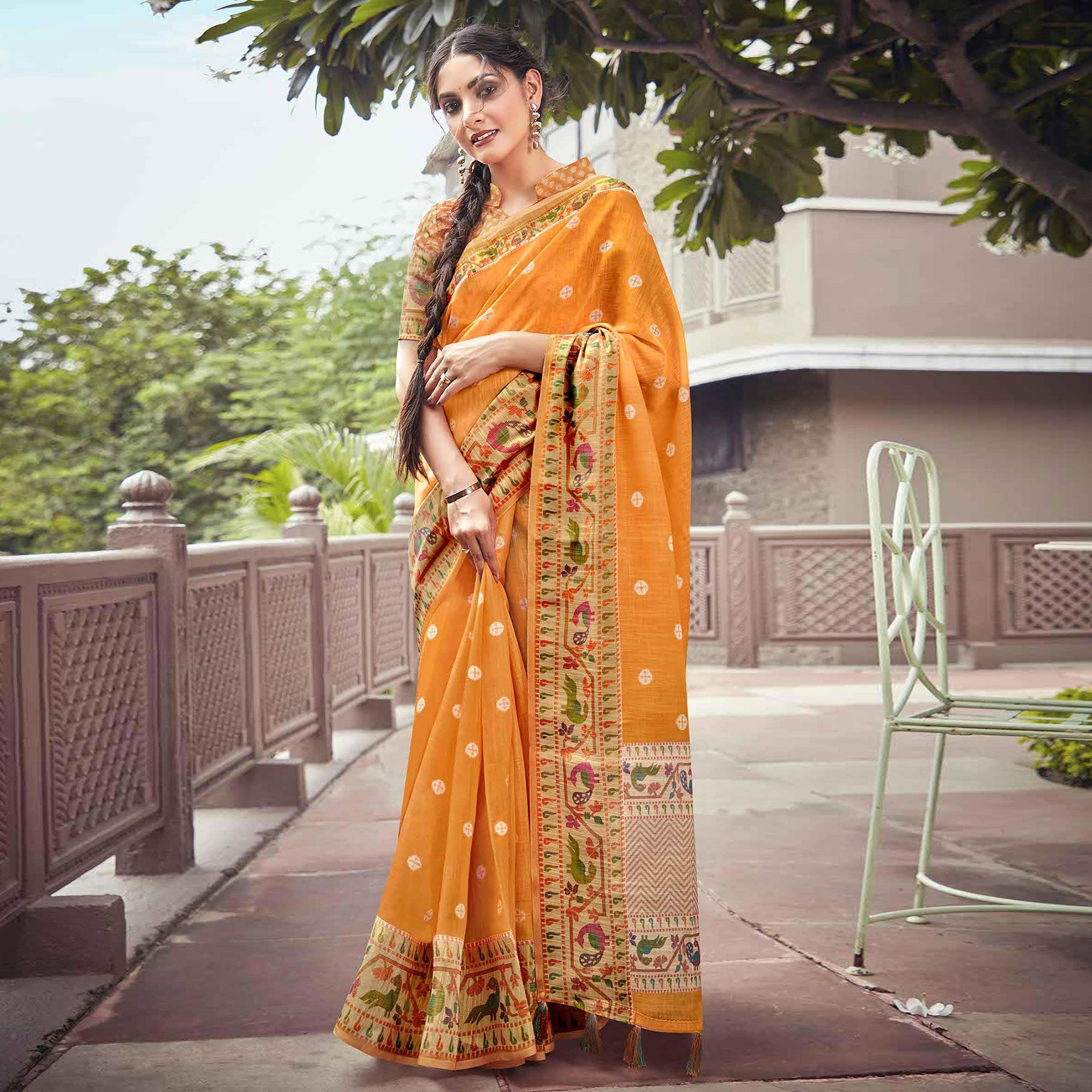 Orange Festive Wear Printed Linen Saree With Border - Peachmode