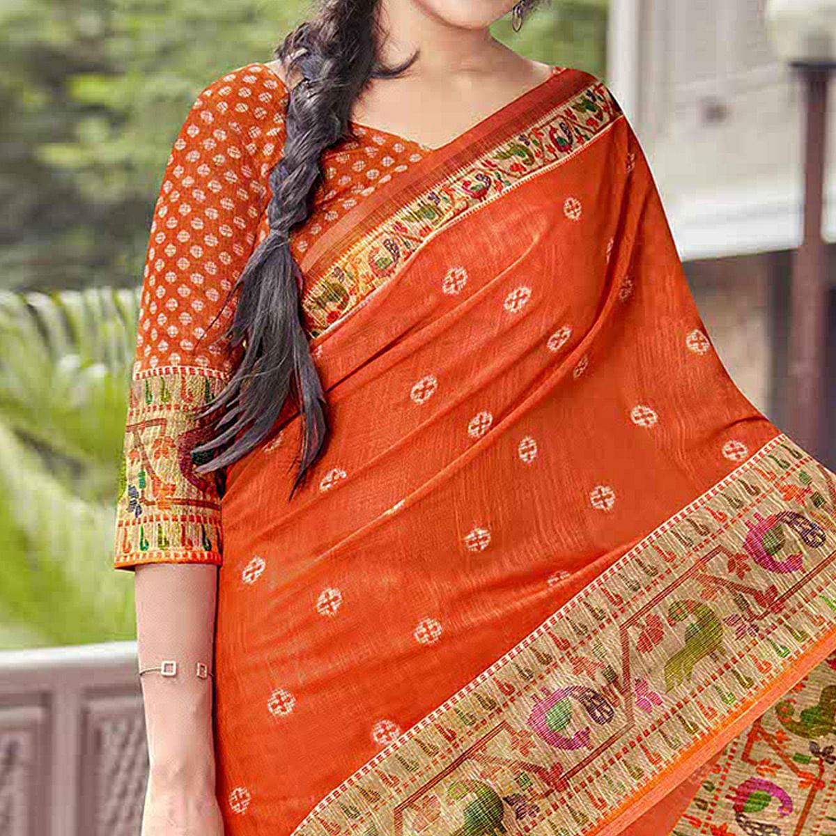 Orange Festive Wear Printed Linen Saree With Border - Peachmode