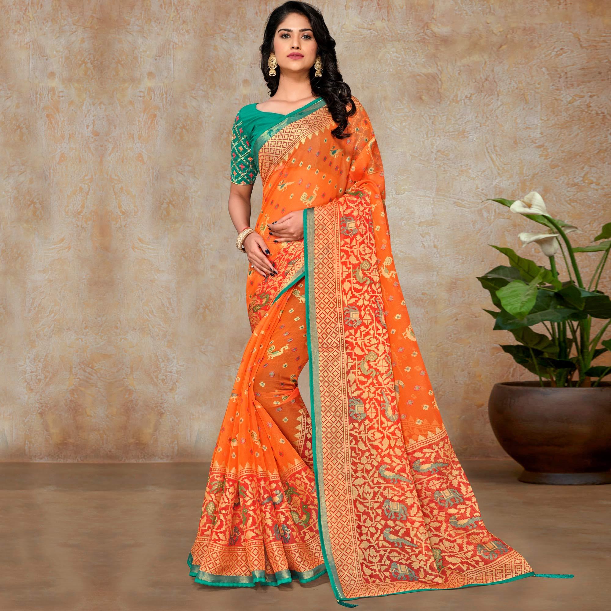 Orange Festive Wear Printed Organza Brasso Saree - Peachmode