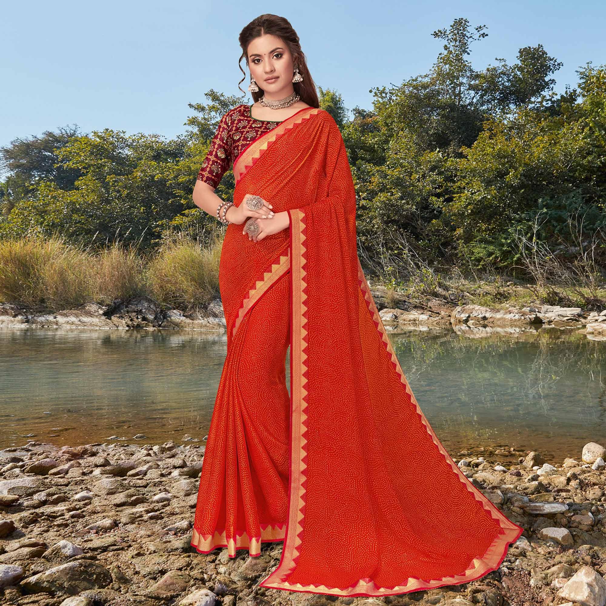 Orange Festive Wear Printed Silk Saree - Peachmode