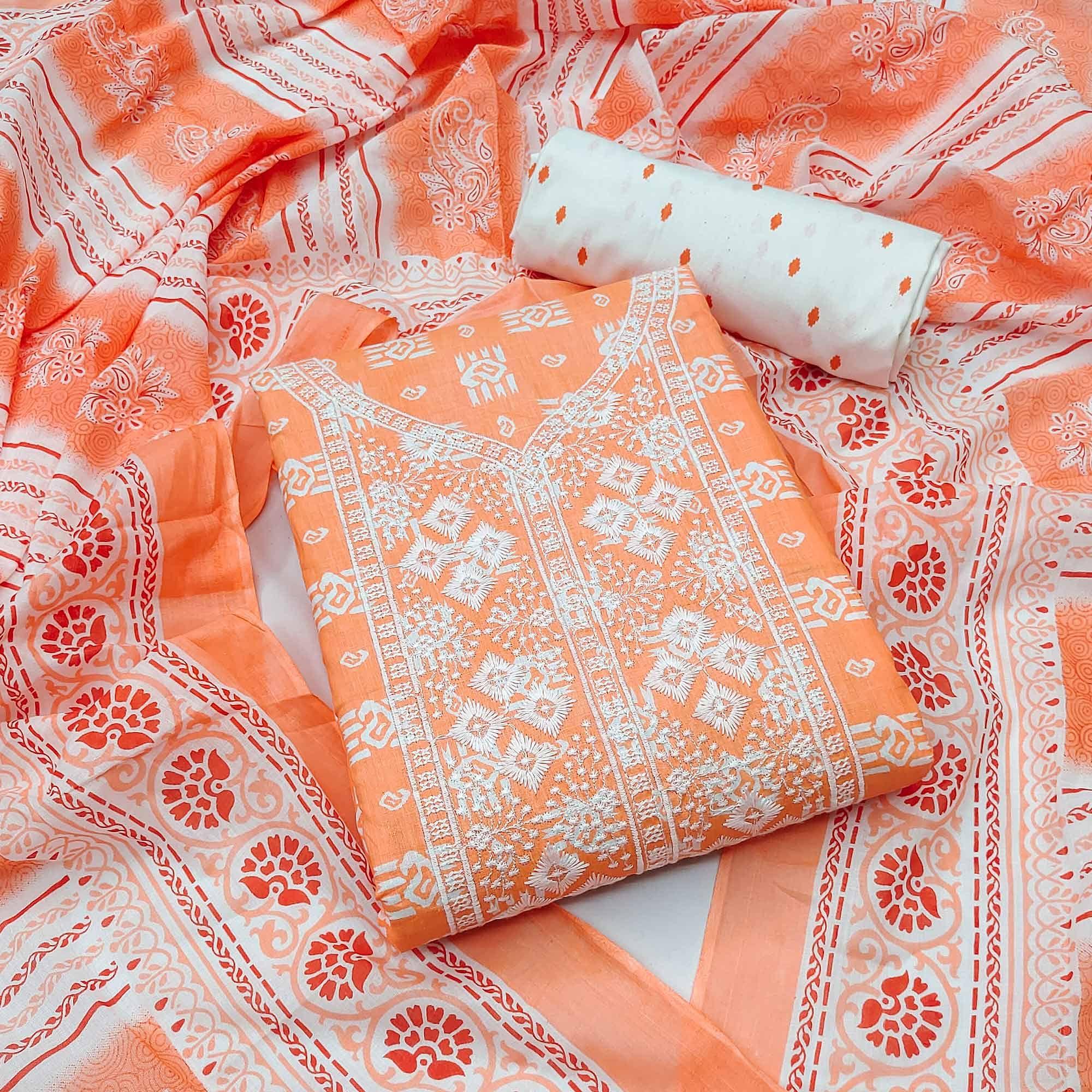 Orange Festive Wear Printed With Embroidered Cotton Dress Material - Peachmode