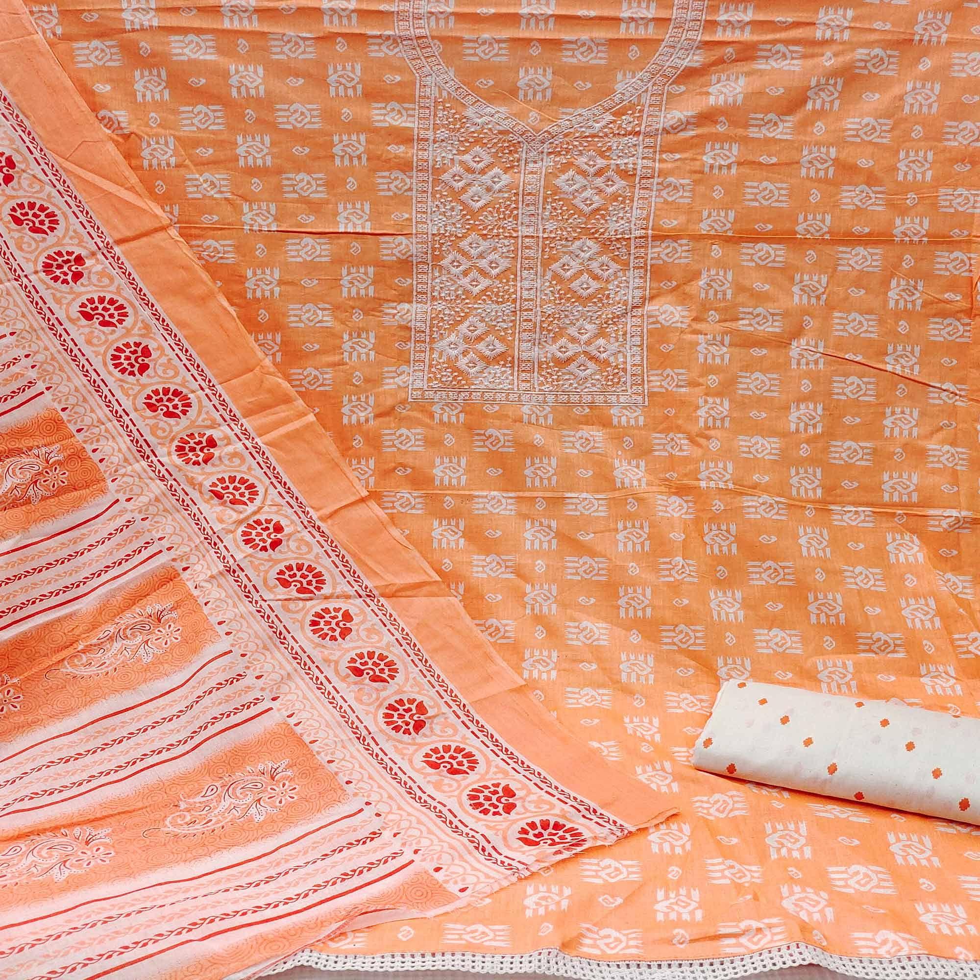 Orange Festive Wear Printed With Embroidered Cotton Dress Material - Peachmode