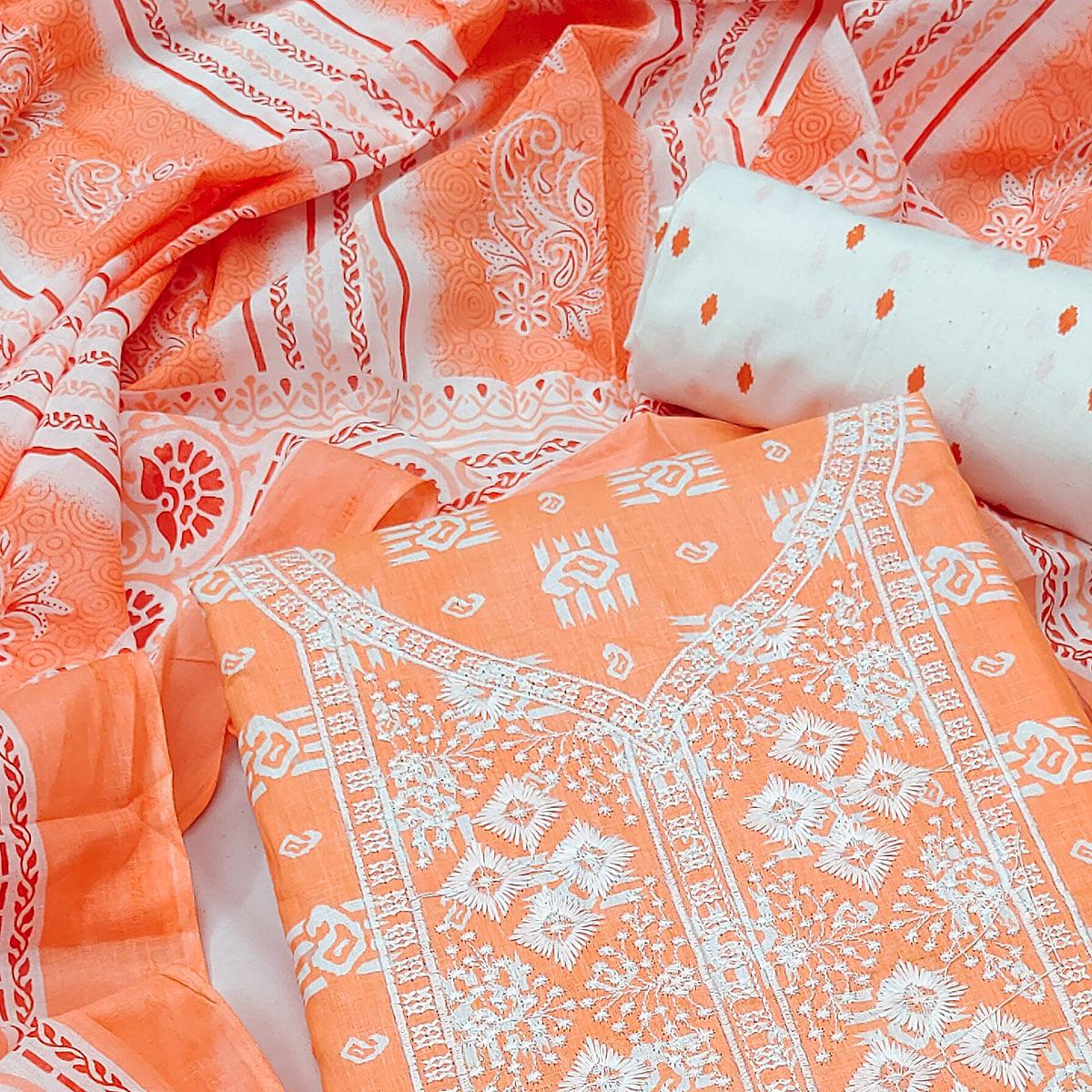 Orange Festive Wear Printed With Embroidered Cotton Dress Material - Peachmode