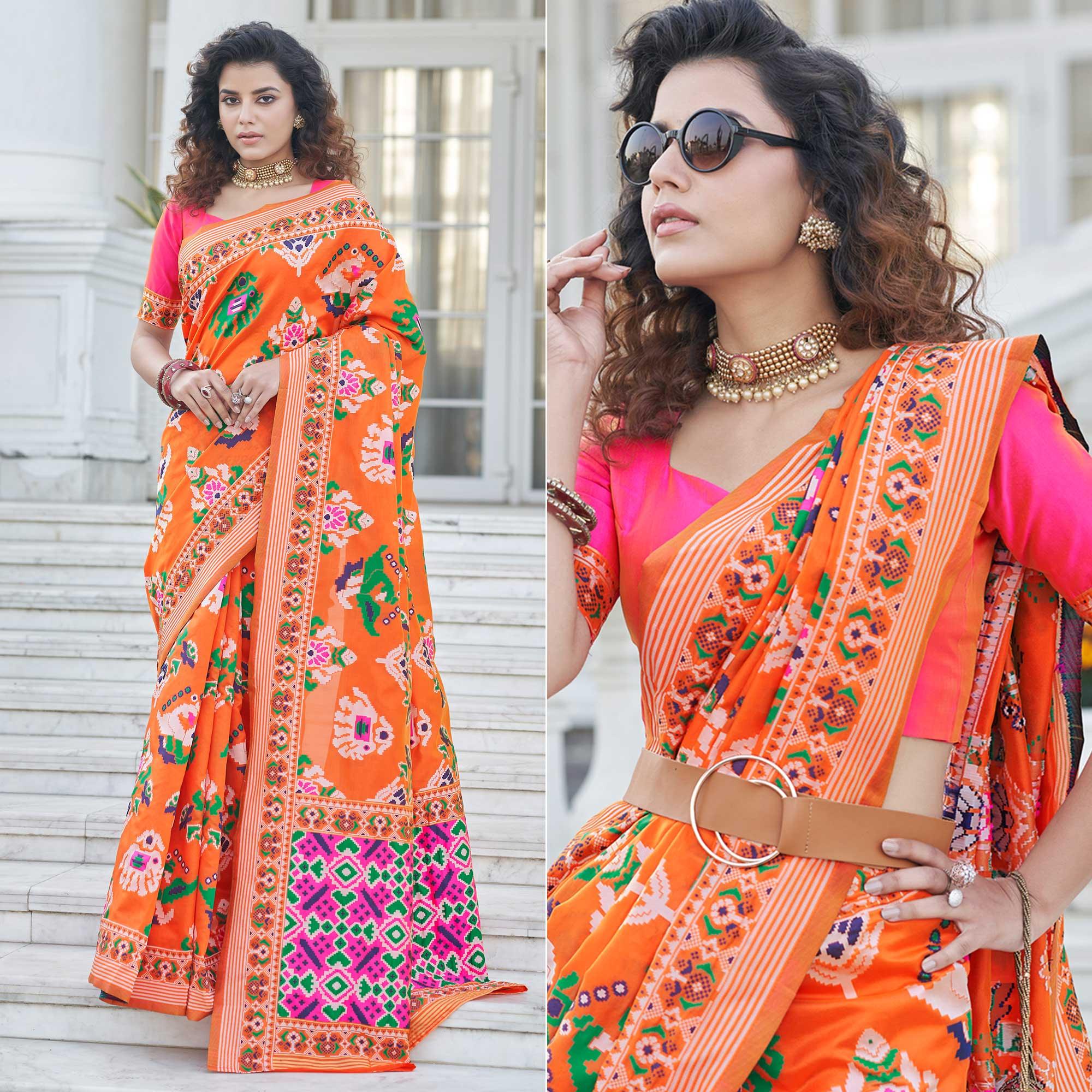 Orange Festive Wear Printed With Weaving Patola Silk Saree - Peachmode