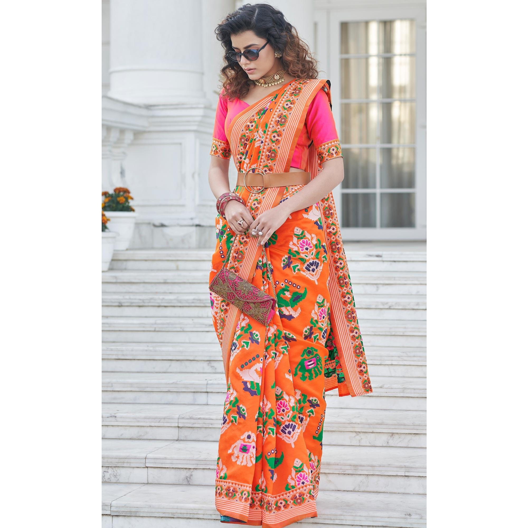 Orange Festive Wear Printed With Weaving Patola Silk Saree - Peachmode