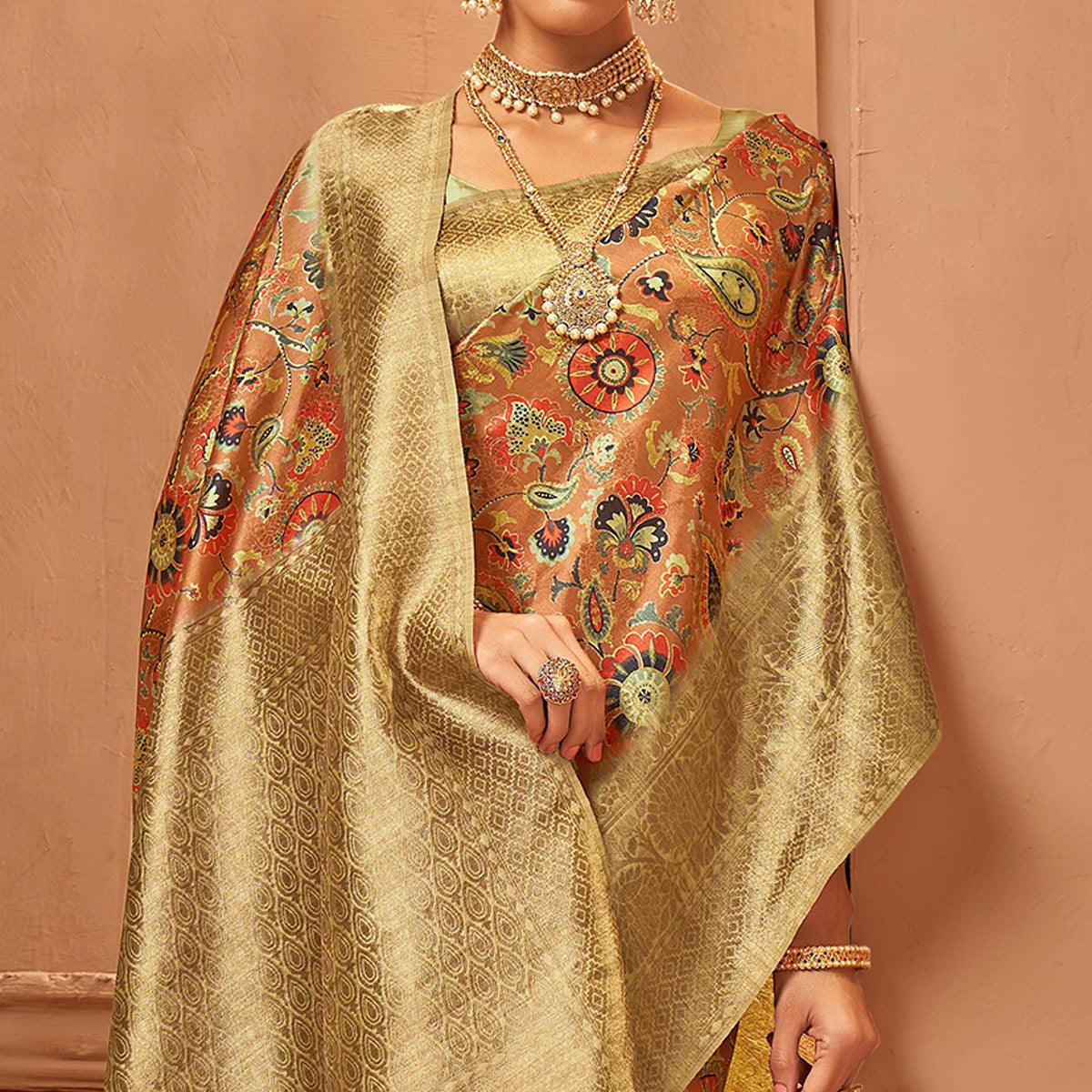 Orange Festive Wear Pure Digital Prints Jacquard Silk Saree - Peachmode