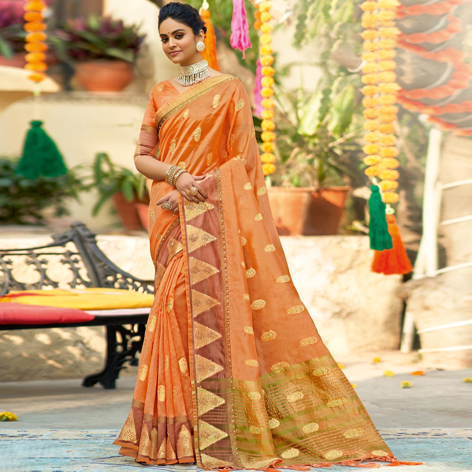 Orange Festive Wear Sequence Embroidered Organza Saree - Peachmode