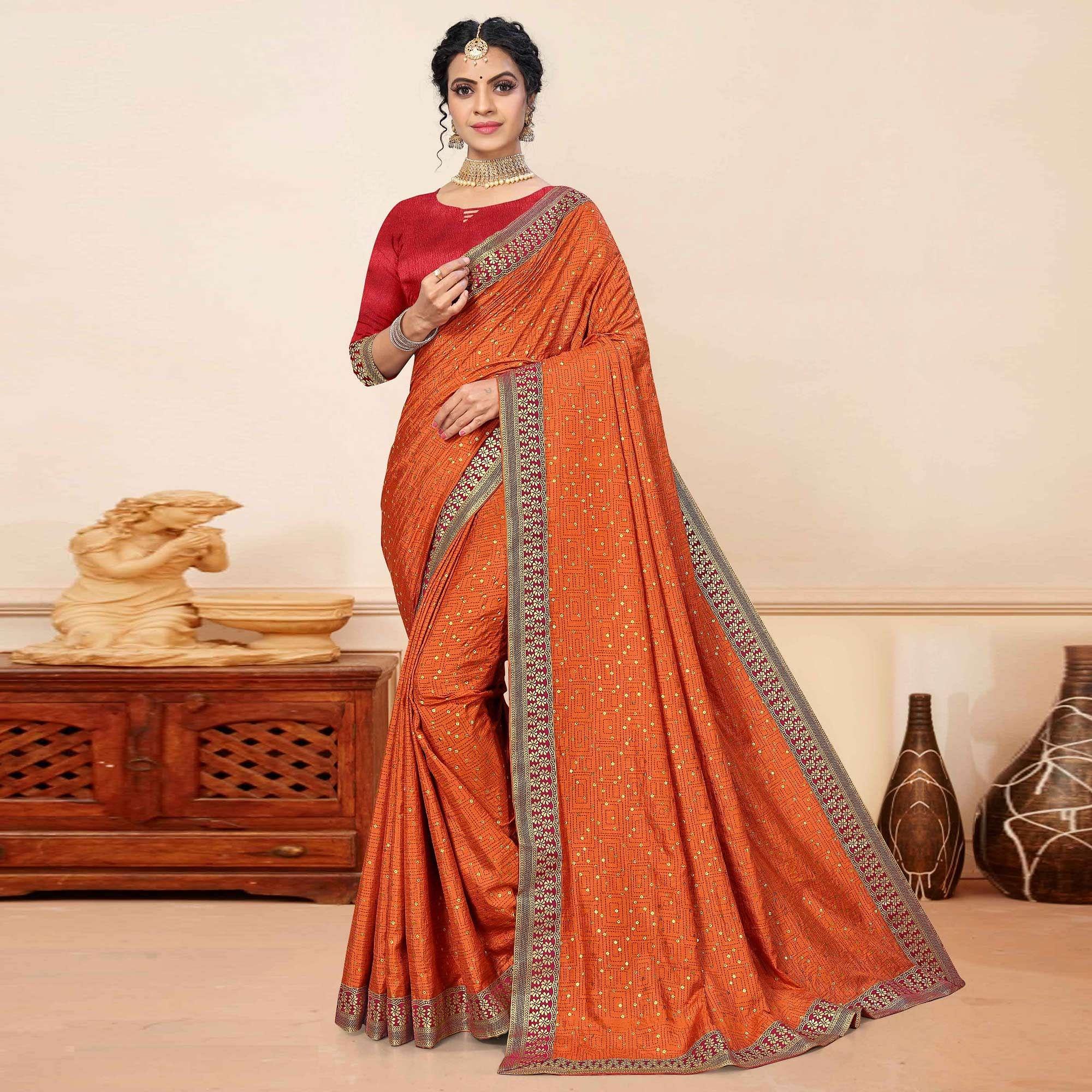 Orange Festive Wear Sequence Embroidered Vichitra Silk Saree - Peachmode