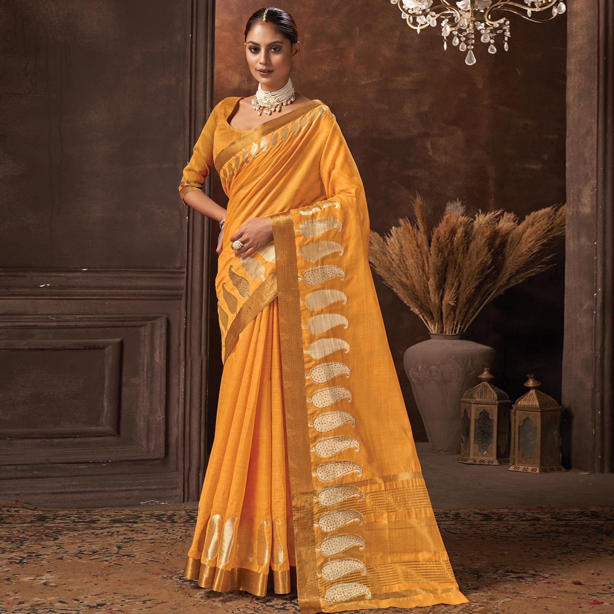 Orange Festive Wear Solid Cotton Saree - Peachmode