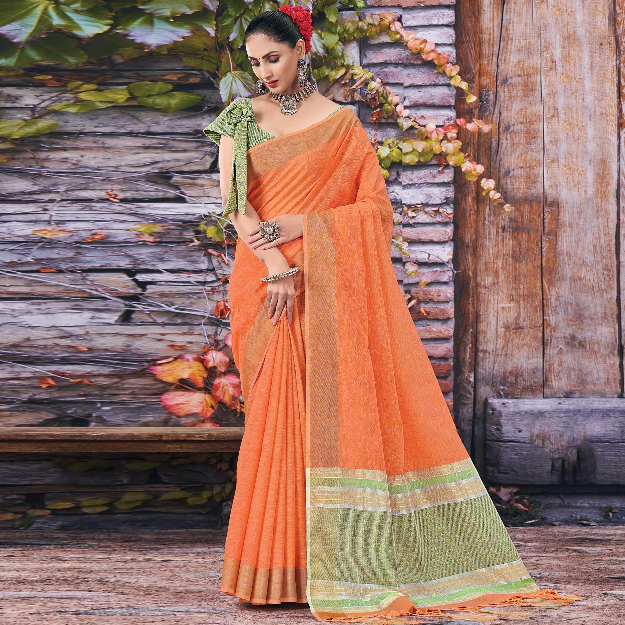 Orange Festive Wear Solid Linen Saree - Peachmode