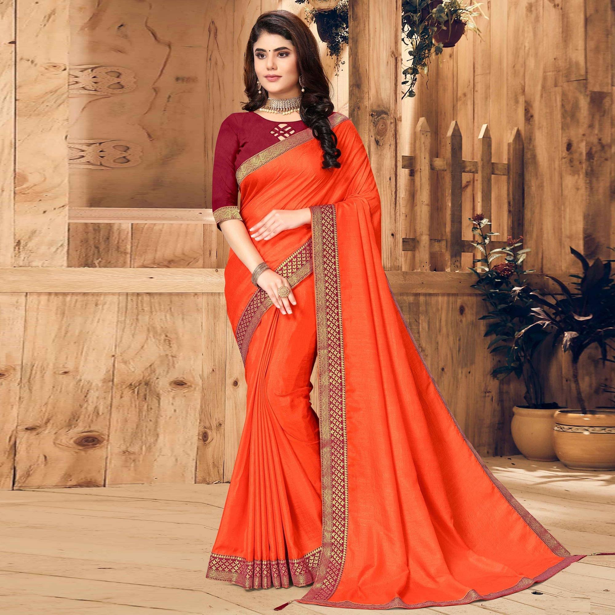 Orange Festive Wear Solid Vichitra Silk Saree - Peachmode