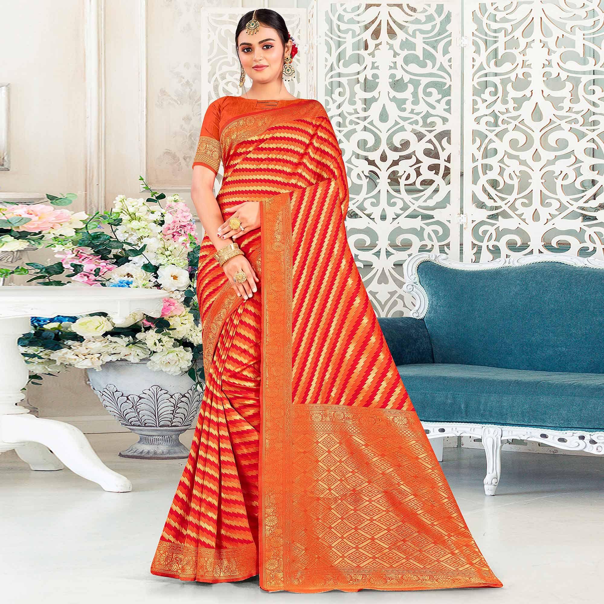 Orange Festive Wear Stripe Printed Art Silk Saree - Peachmode
