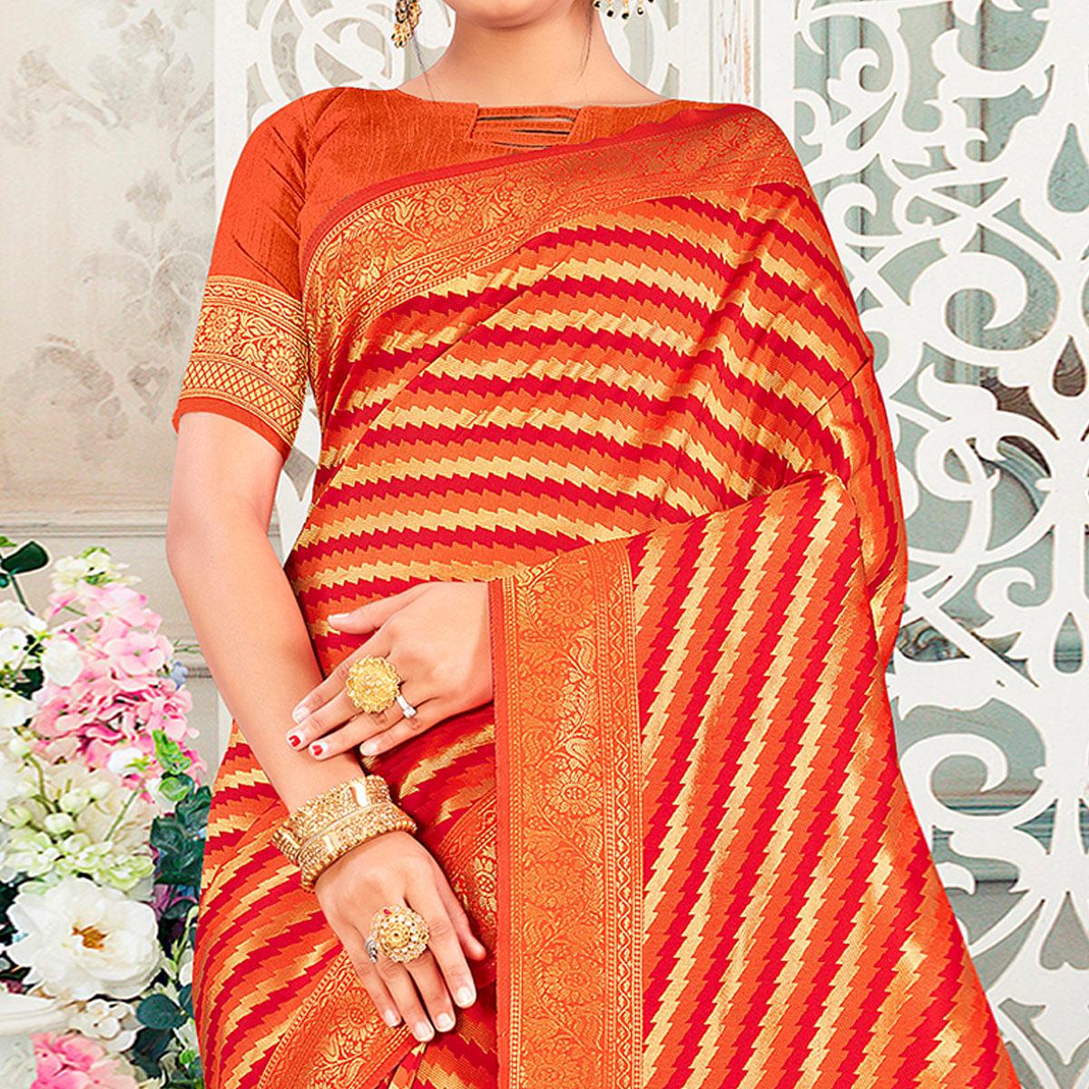 Orange Festive Wear Stripe Printed Art Silk Saree - Peachmode