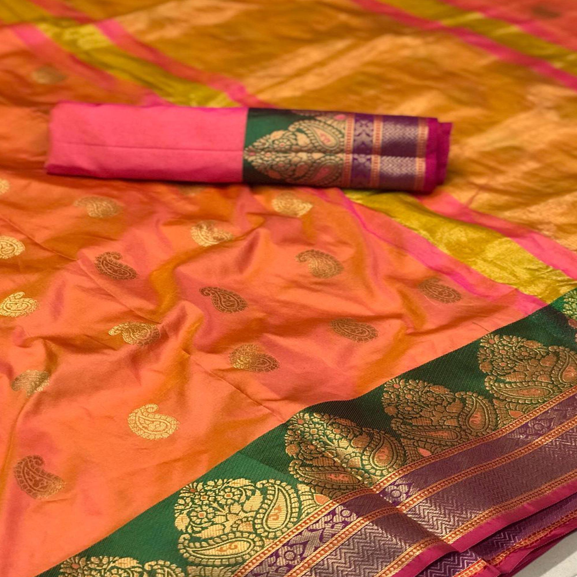 Orange Festive Wear Weaving Silk Saree - Peachmode