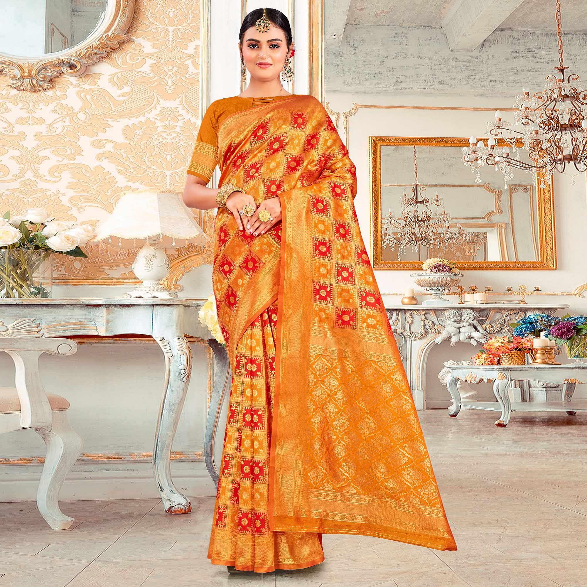 Orange Festive Wear Woven Art Silk Saree - Peachmode
