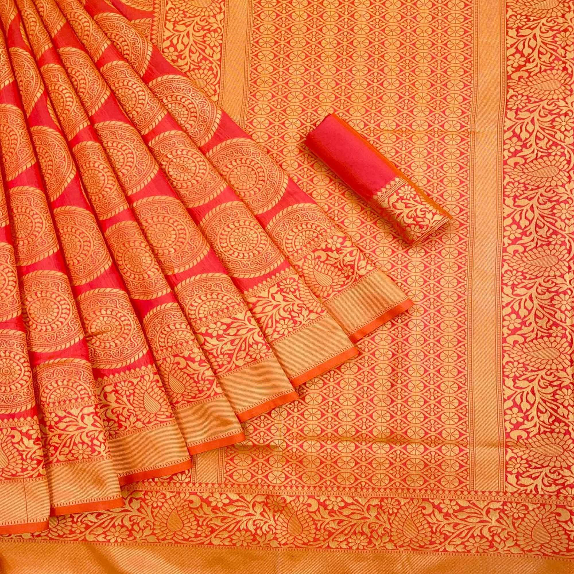 Orange Festive Wear Woven Art Silk Saree - Peachmode