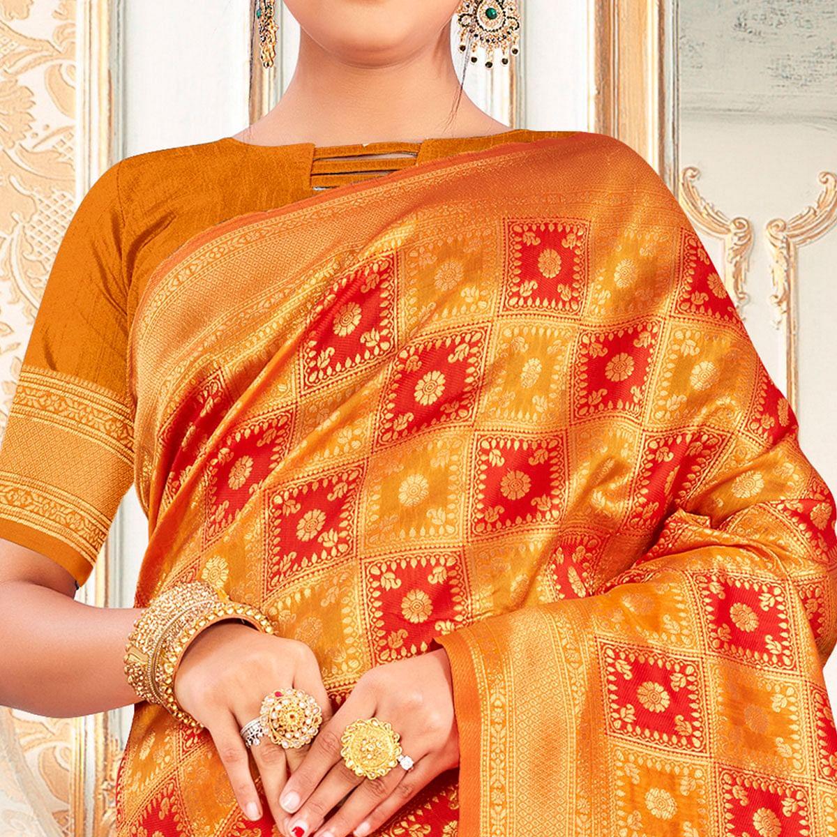 Orange Festive Wear Woven Art Silk Saree - Peachmode