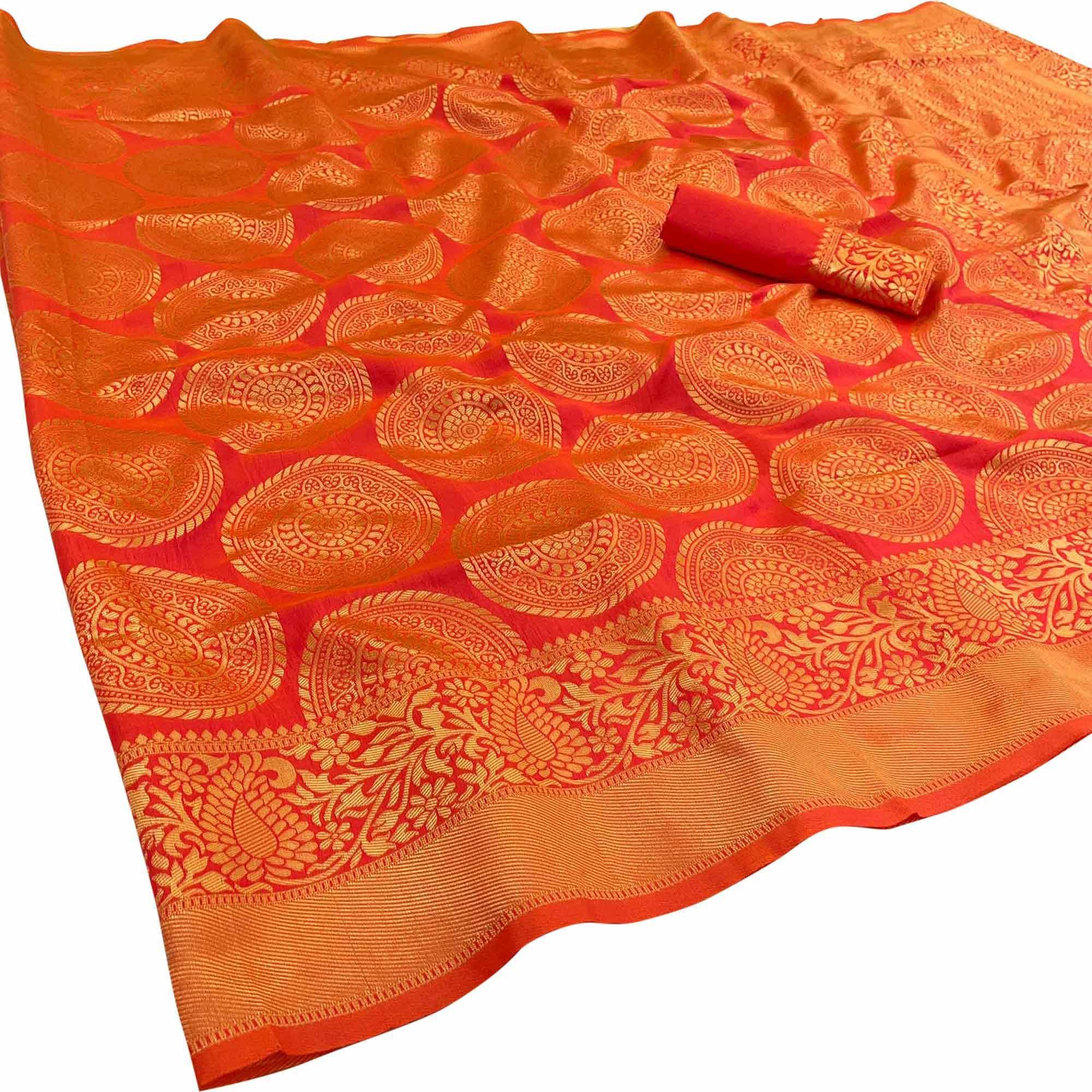 Orange Festive Wear Woven Art Silk Saree - Peachmode