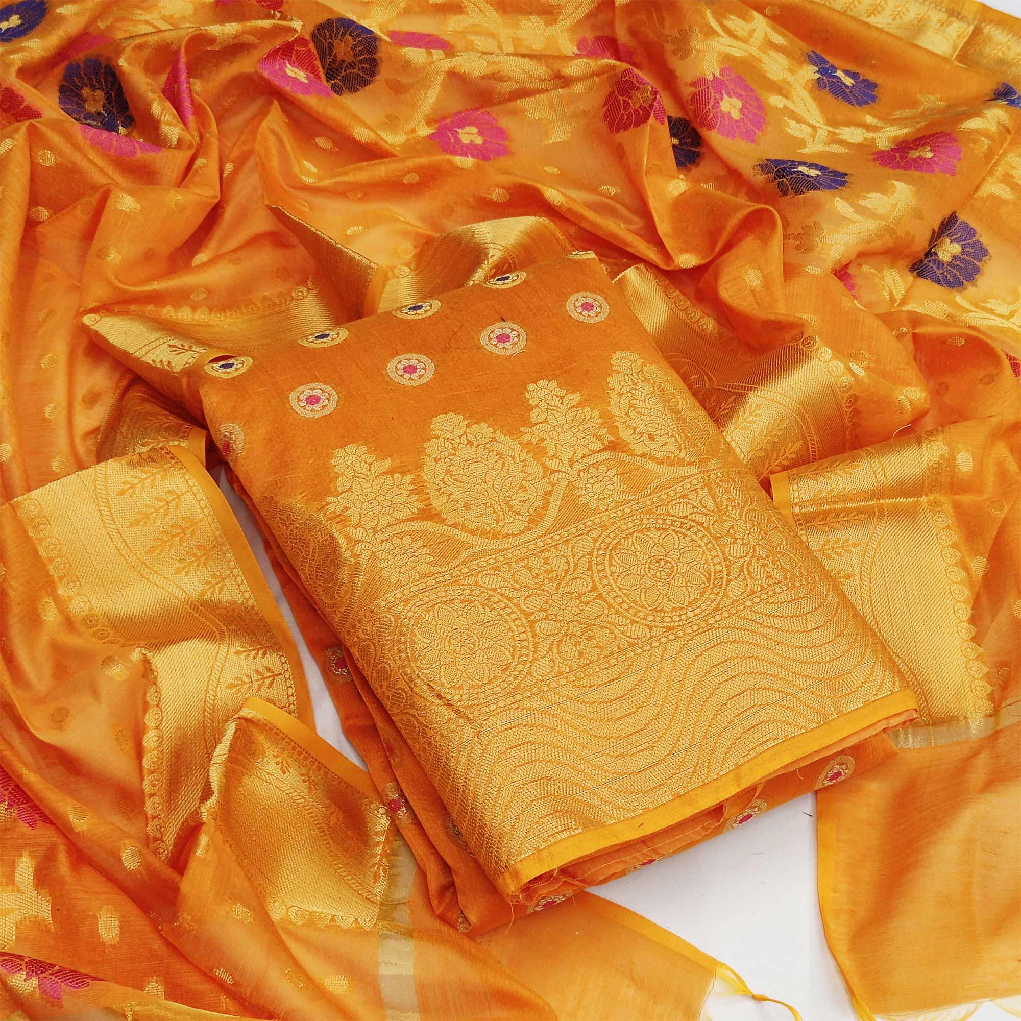 Orange Festive Wear Woven Banarasi Silk Dress Material - Peachmode