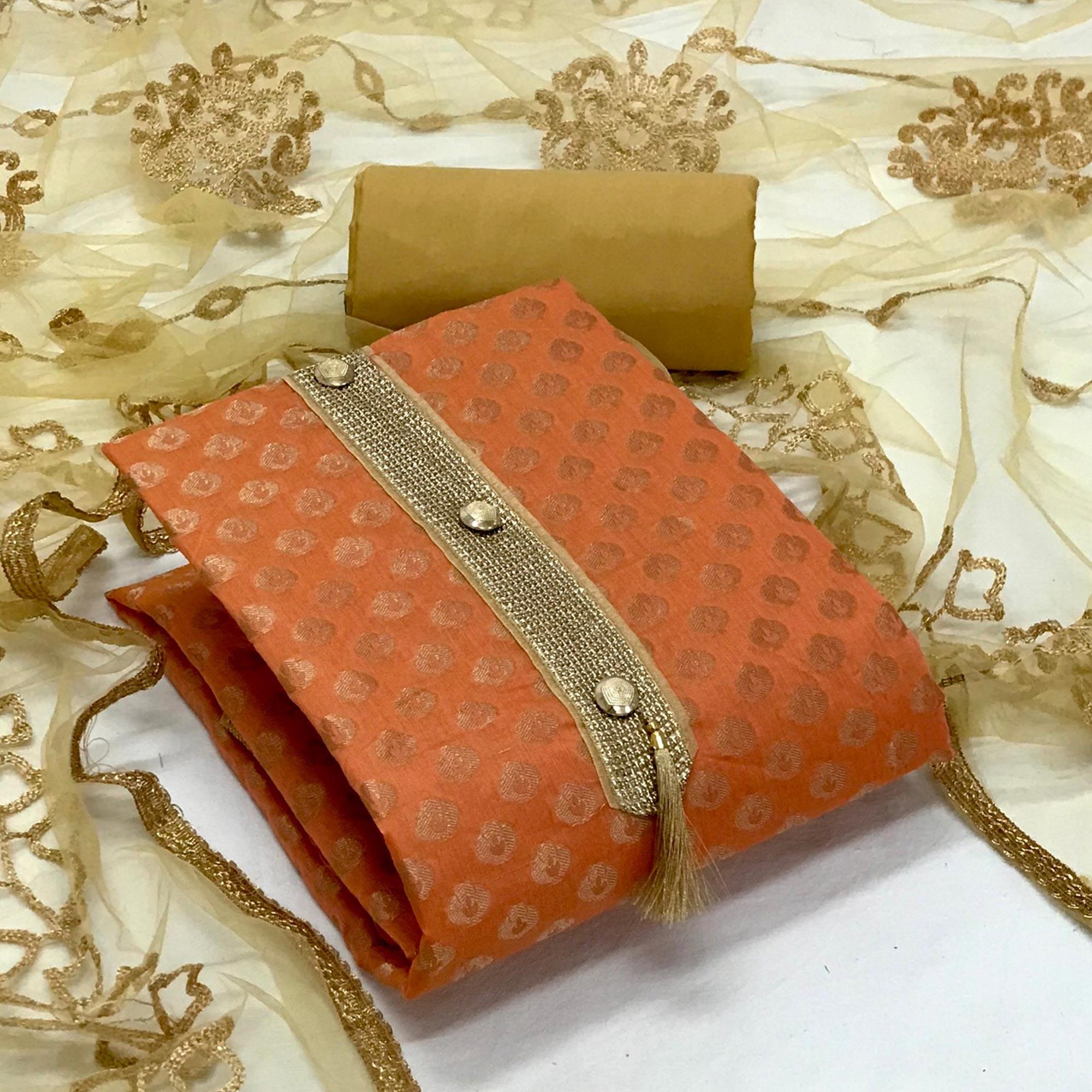 Orange Festive Wear Woven Banarasi Silk Dress Material - Peachmode