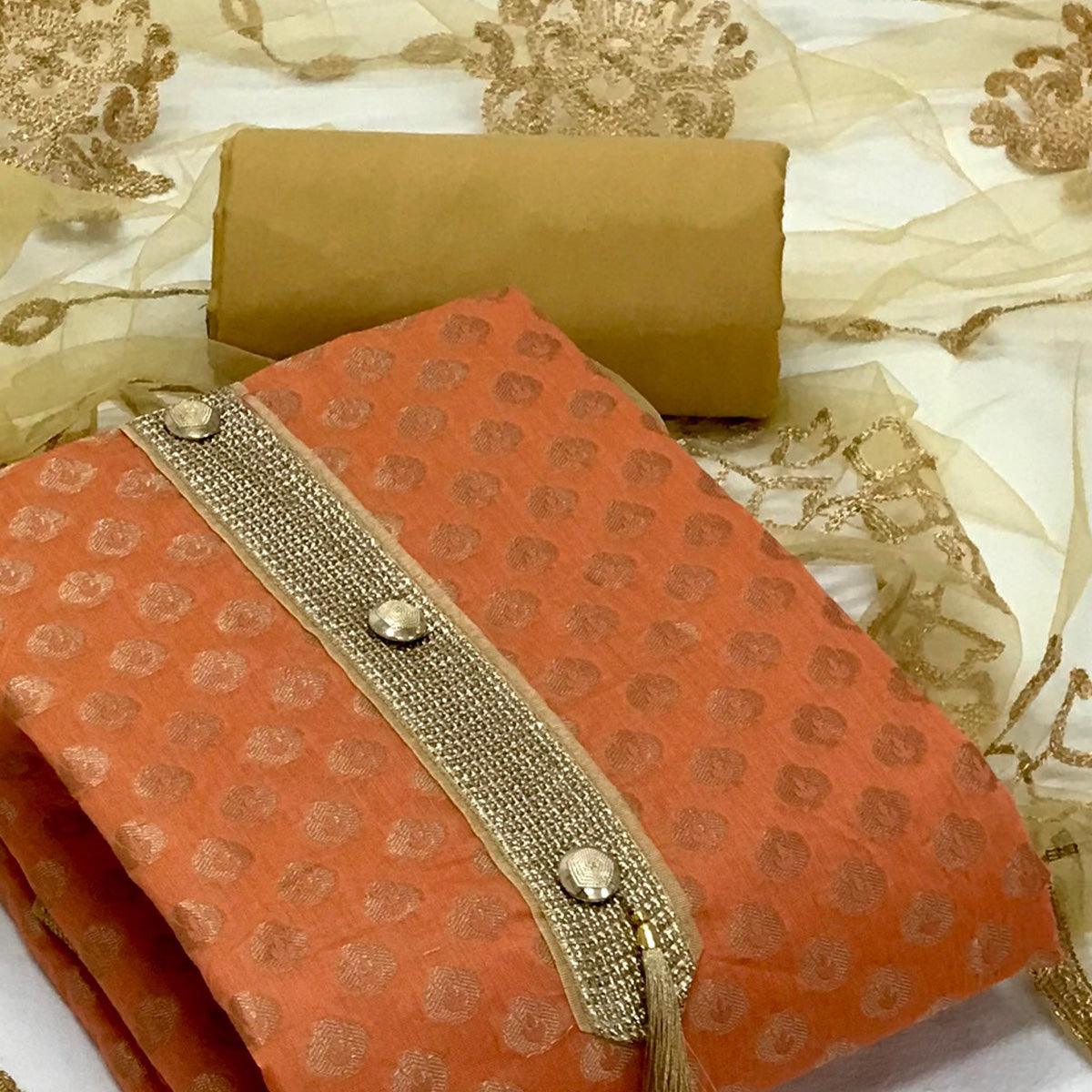 Orange Festive Wear Woven Banarasi Silk Dress Material - Peachmode