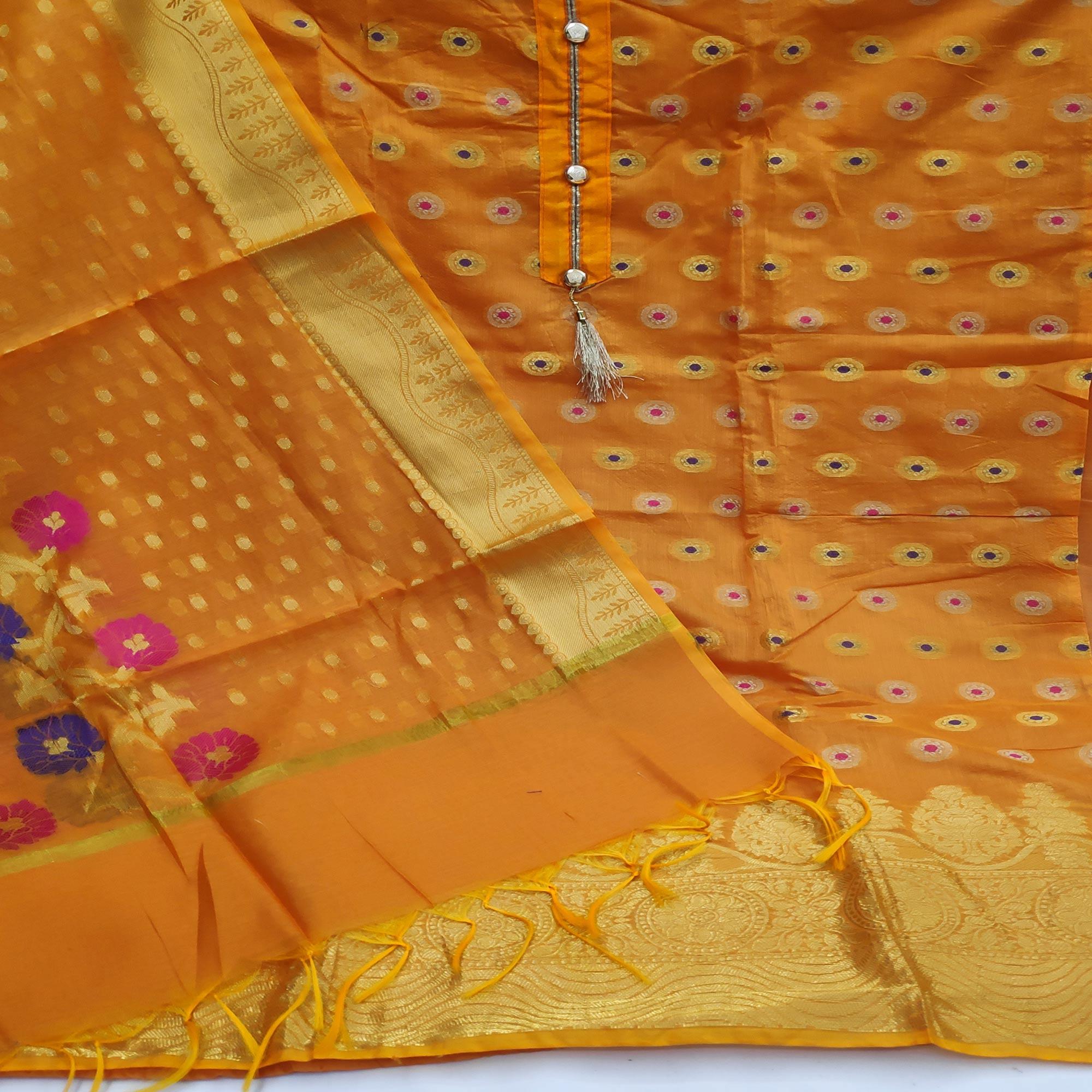 Orange Festive Wear Woven Banarasi Silk Dress Material - Peachmode