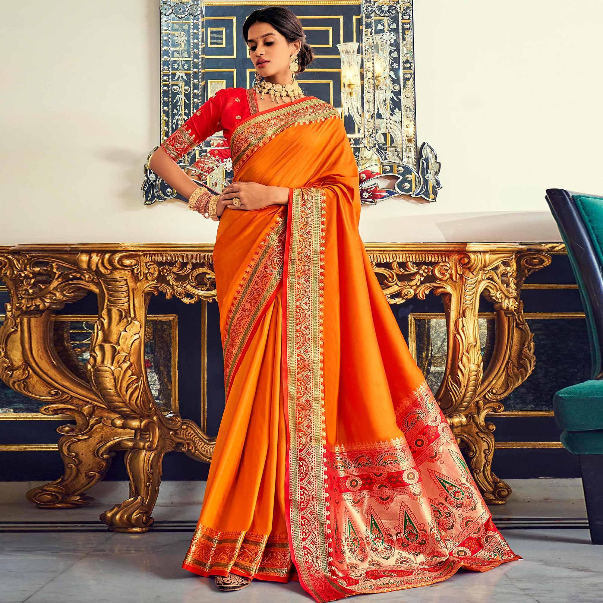 Orange Festive Wear Woven Banarasi Silk Paithani Saree - Peachmode