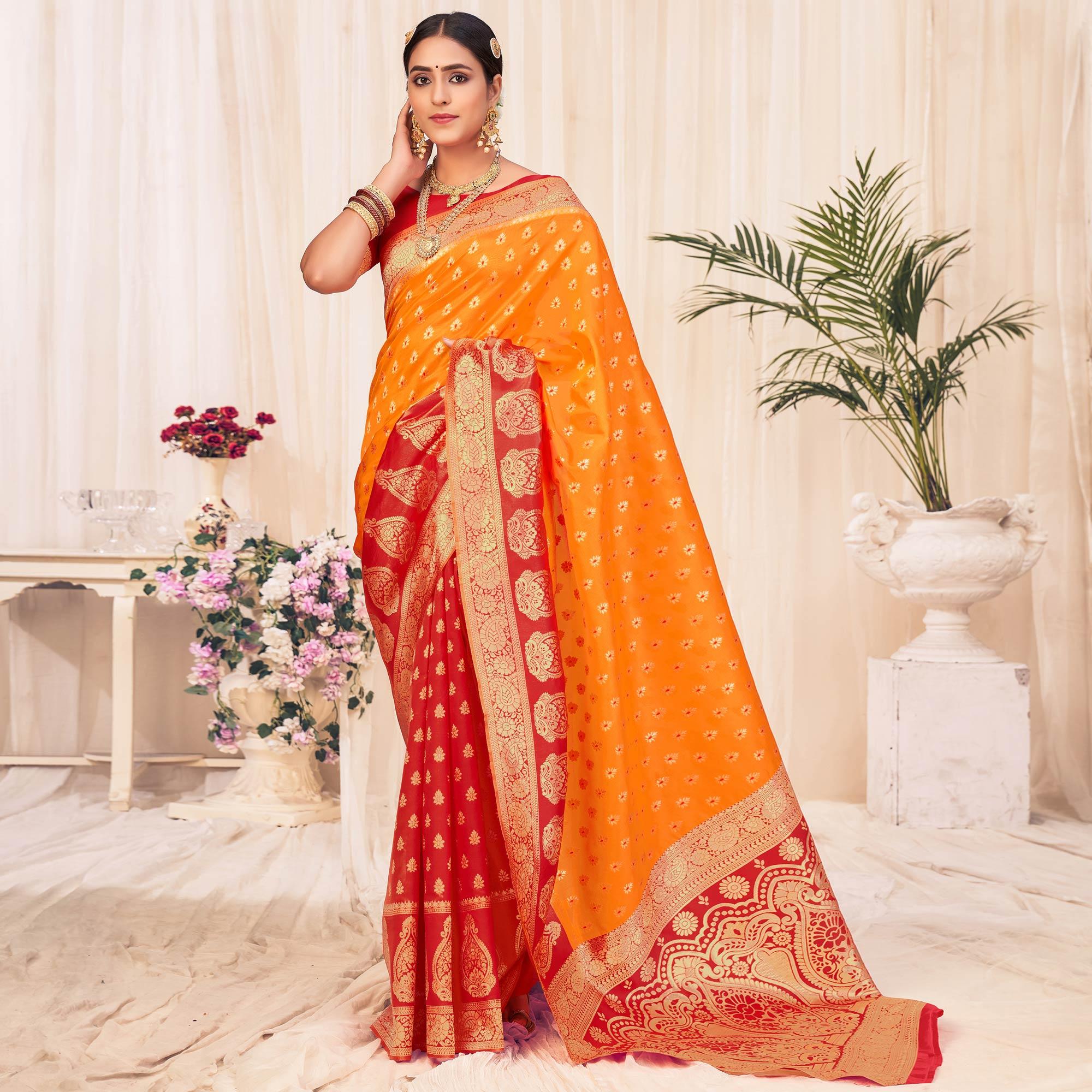 Orange Festive Wear Woven Banarasi Silk Saree - Peachmode