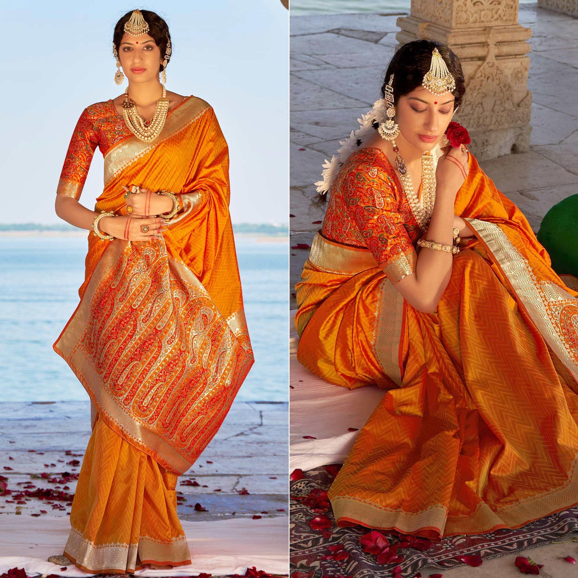 Orange Festive Wear Woven Banarasi Silk Saree - Peachmode