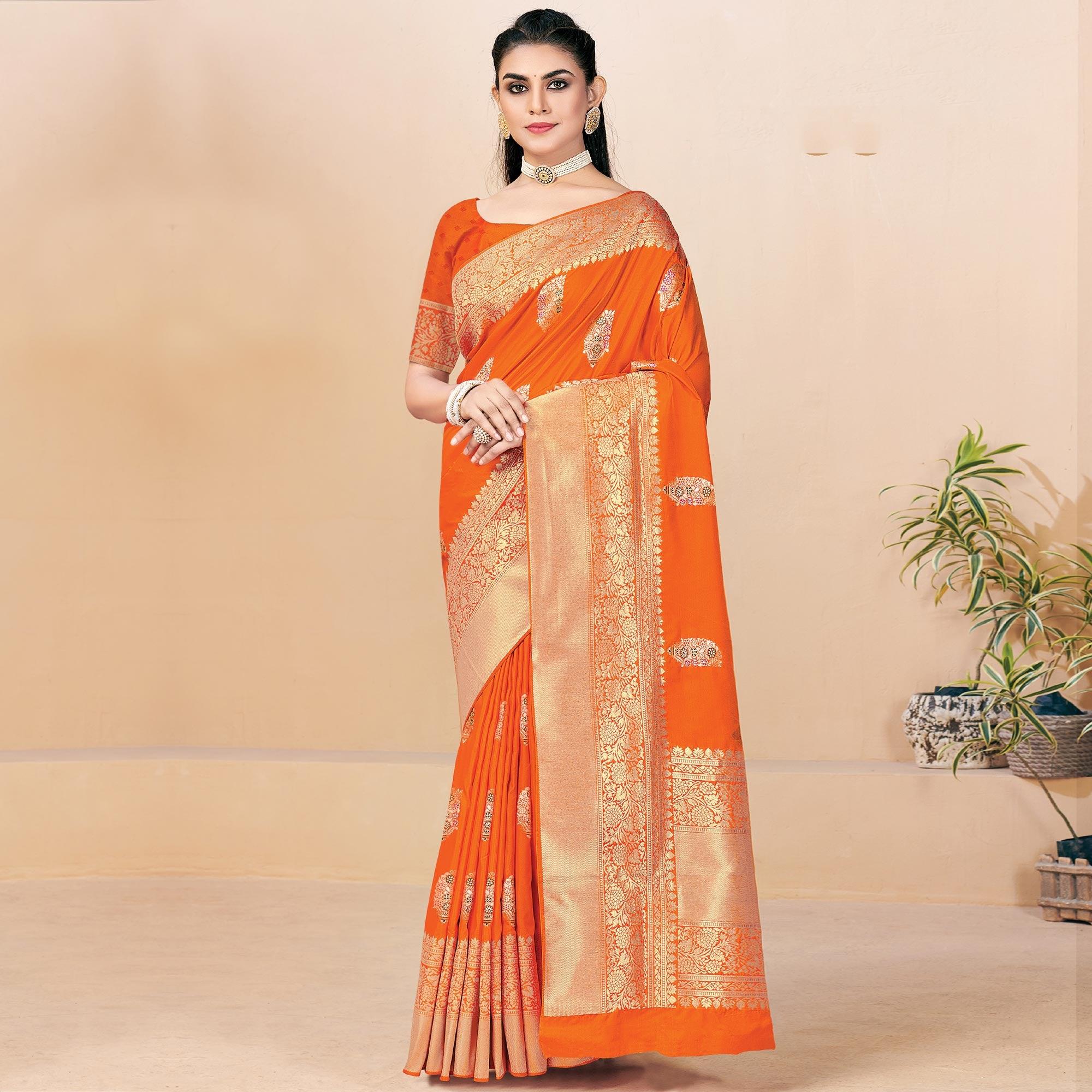Orange Festive Wear Woven Banarasi Silk Saree - Peachmode