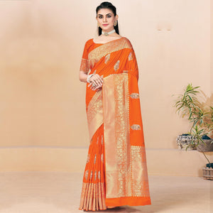 Orange Festive Wear Woven Banarasi Silk Saree - Peachmode