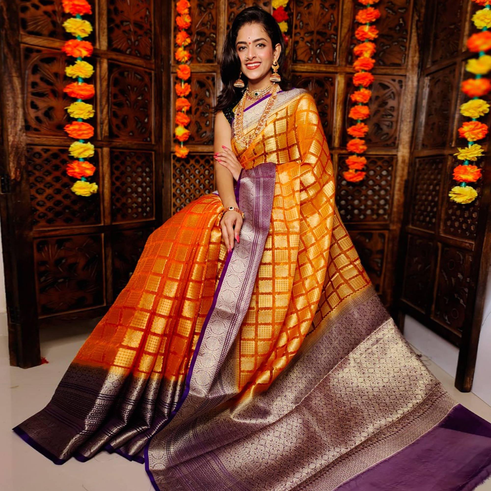 Orange Festive Wear Woven Banarasi Silk Saree - Peachmode
