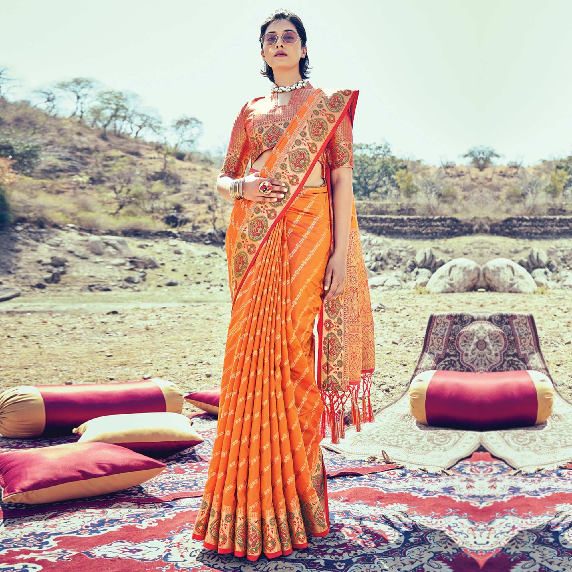 Orange Festive Wear Woven Banarasi Silk Saree - Peachmode