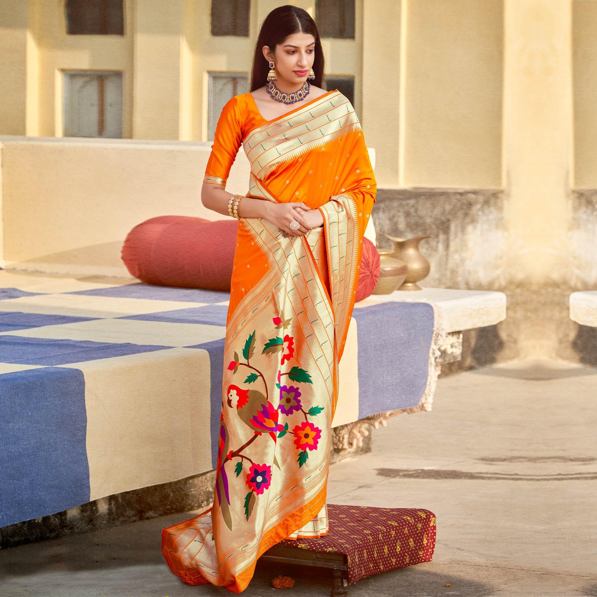 Orange Festive Wear Woven Banarasi Silk Saree - Peachmode