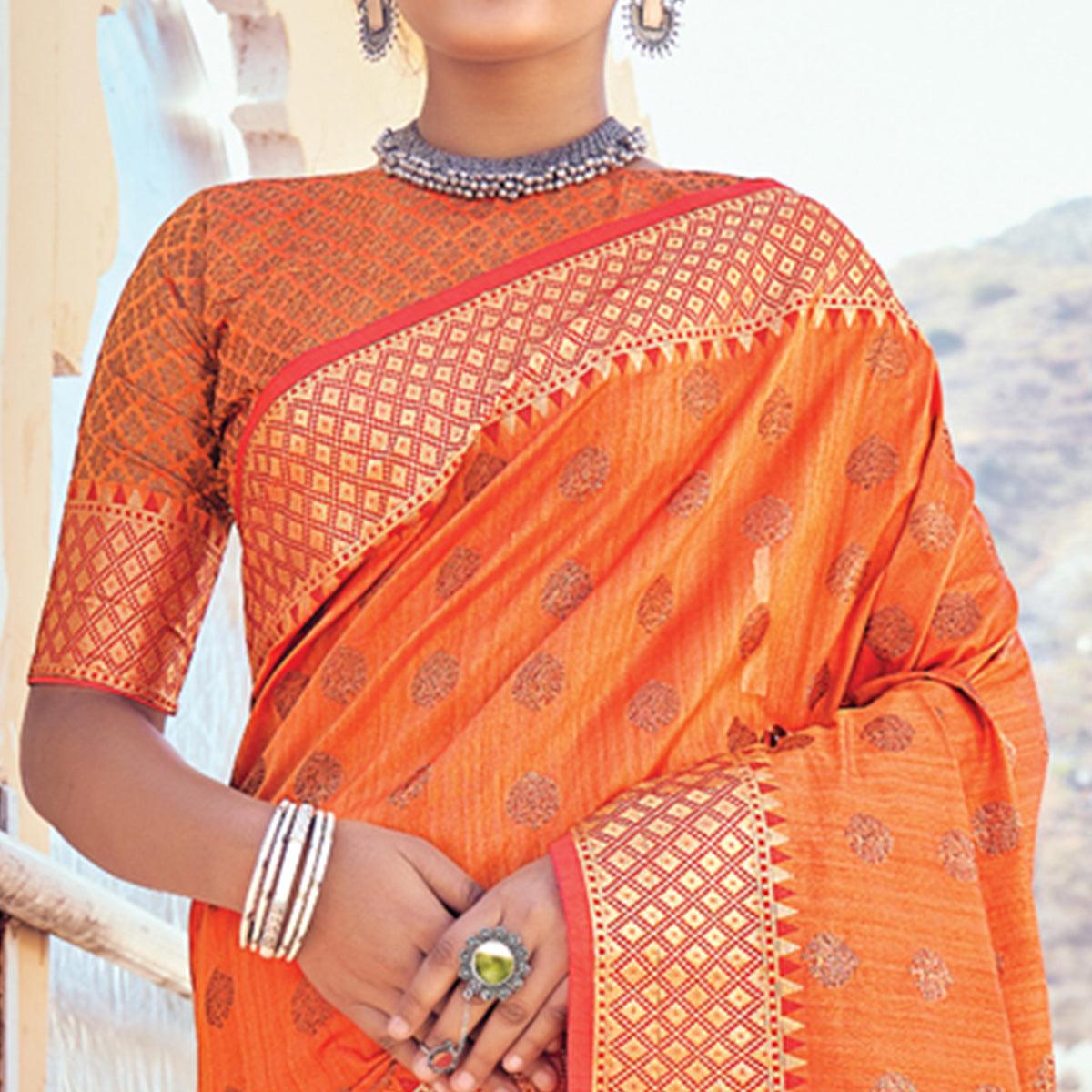 Orange Festive Wear Woven Banarasi Silk Saree - Peachmode