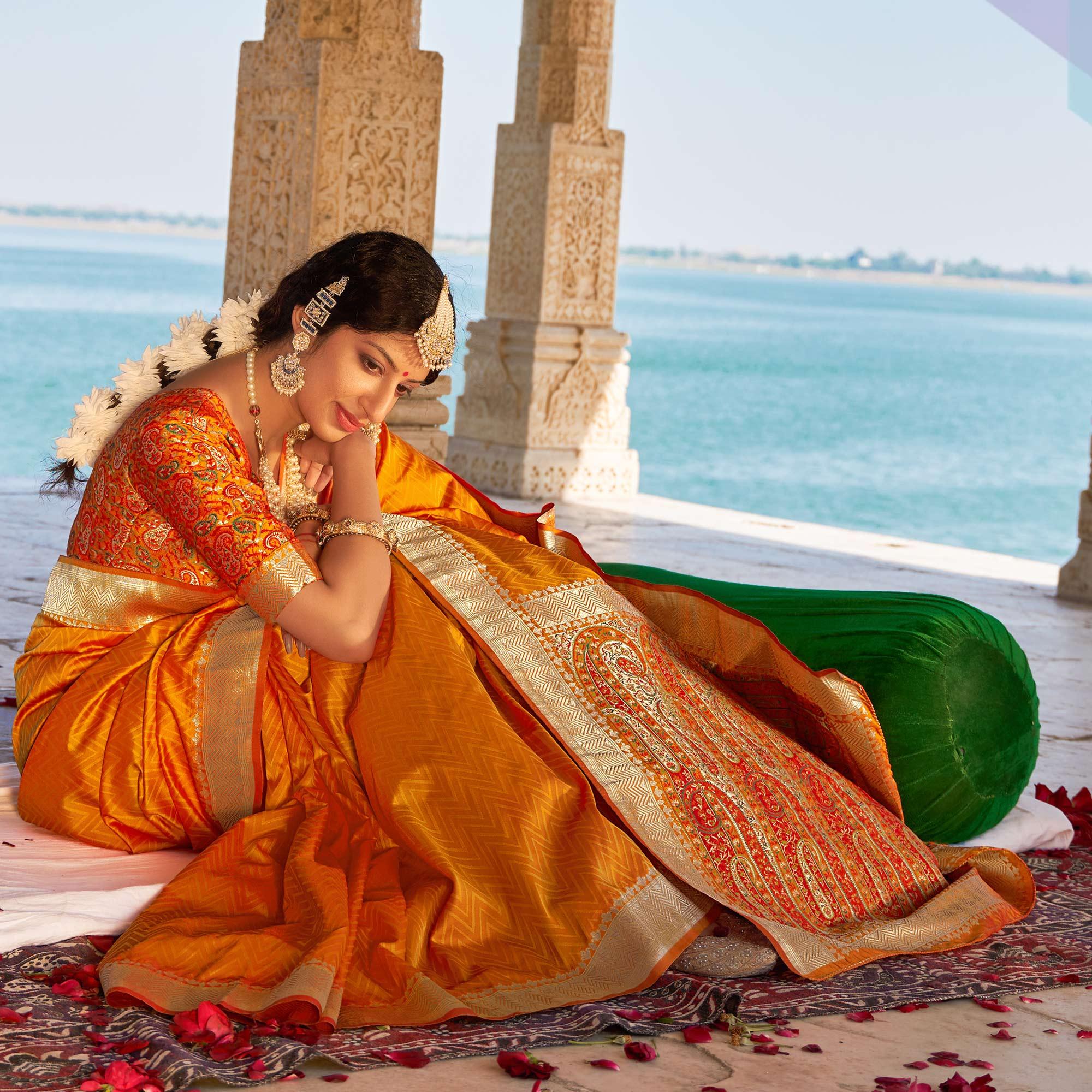 Orange Festive Wear Woven Banarasi Silk Saree - Peachmode