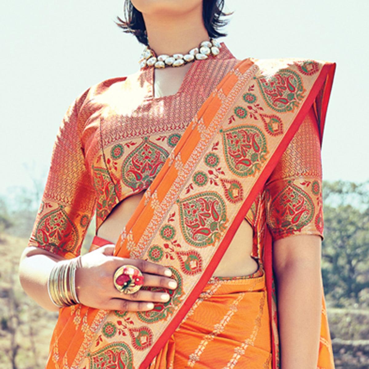 Orange Festive Wear Woven Banarasi Silk Saree - Peachmode