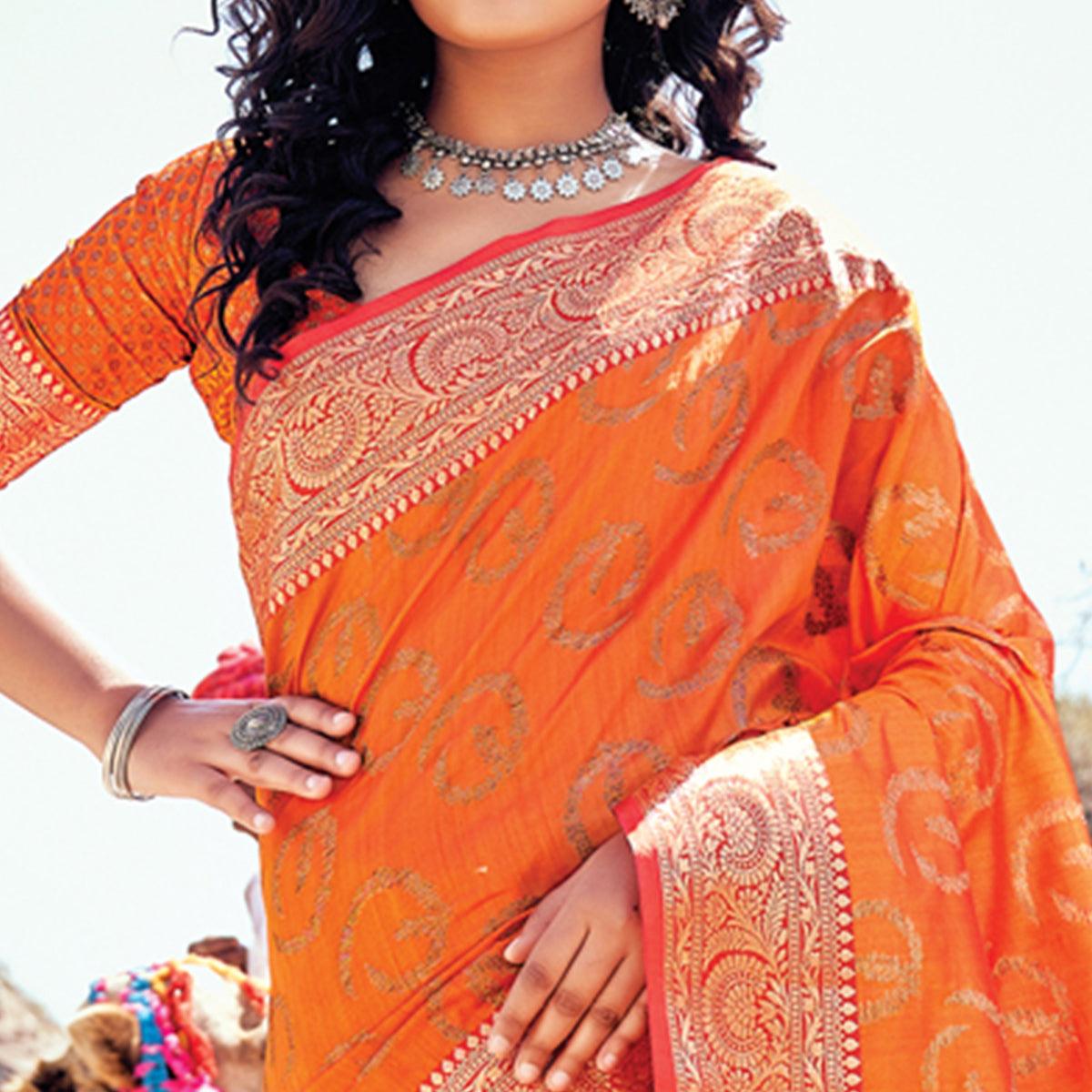 Orange Festive Wear Woven Banarasi Silk Saree - Peachmode