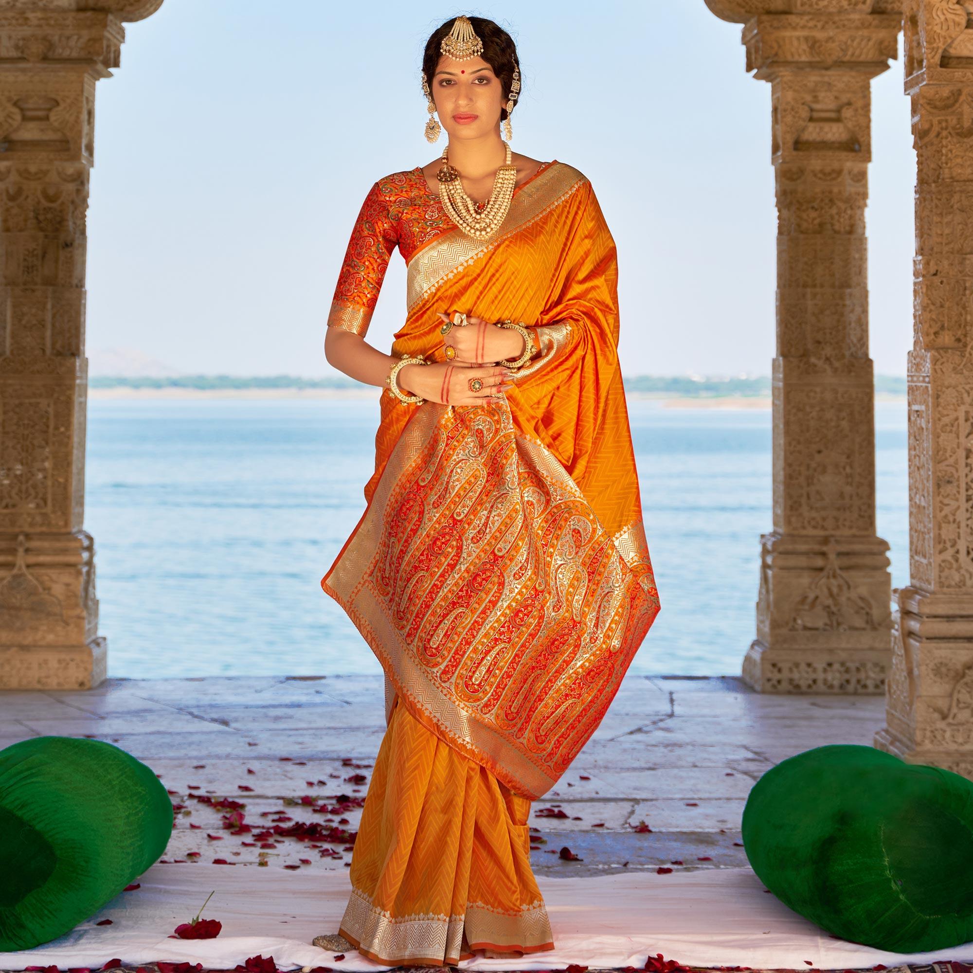 Orange Festive Wear Woven Banarasi Silk Saree - Peachmode