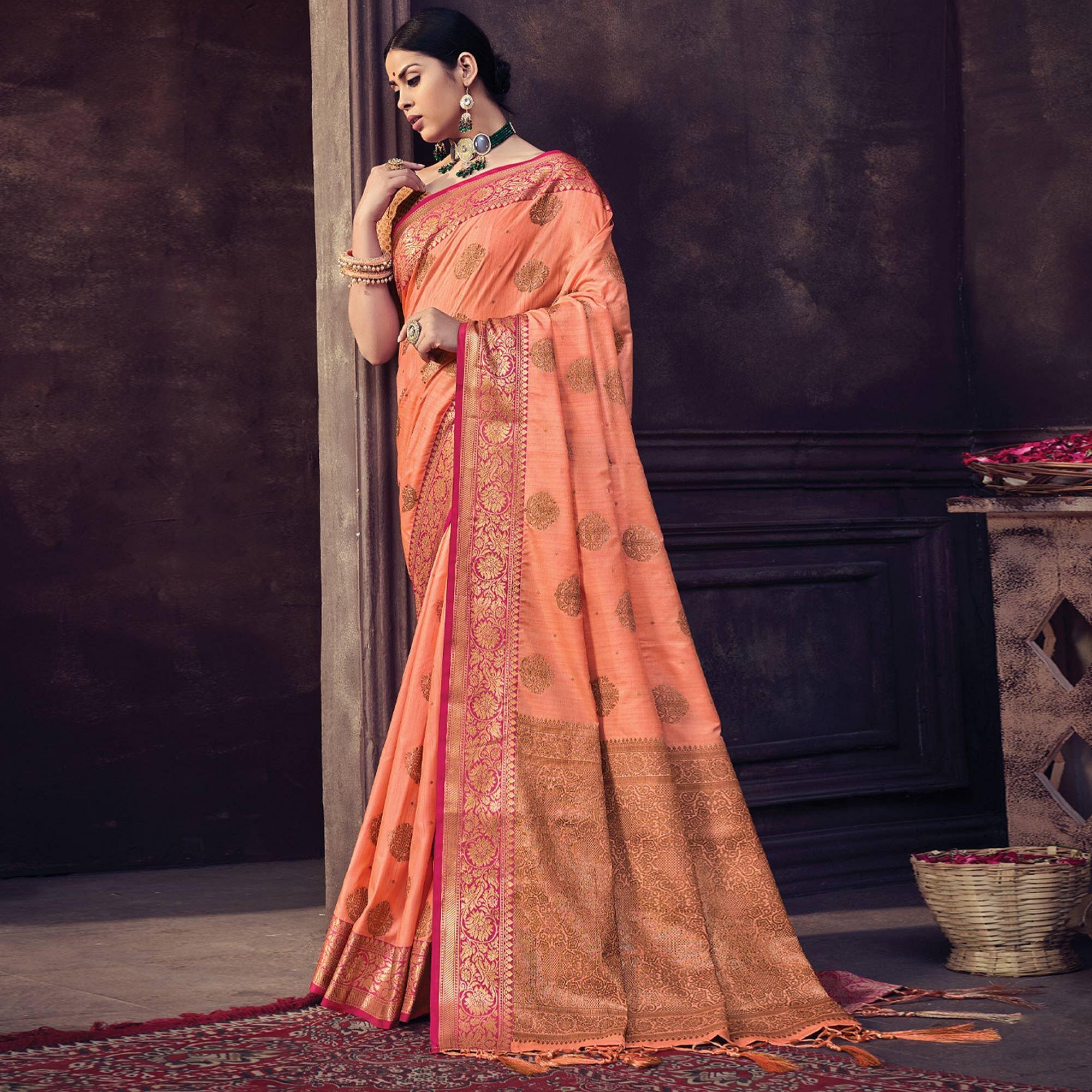 Orange Festive Wear Woven Banarasi Silk Saree With Tassels - Peachmode