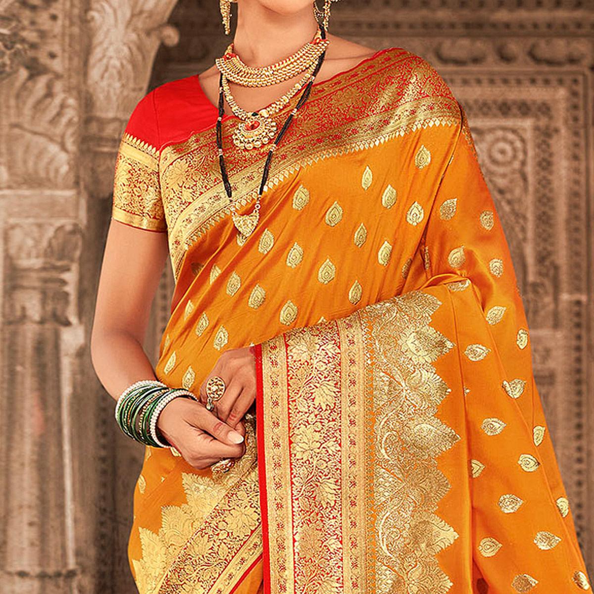 Orange Festive Wear Woven Banarasi Silk Saree With Zari Border Pallu - Peachmode