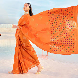 Orange Festive Wear Woven Banarasi Soft Silk Saree - Peachmode