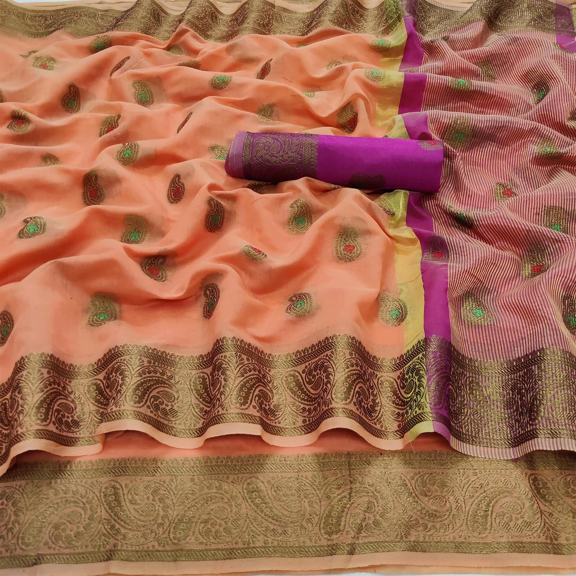 Orange Festive Wear Woven Border With Butta Work Cotton Saree - Peachmode