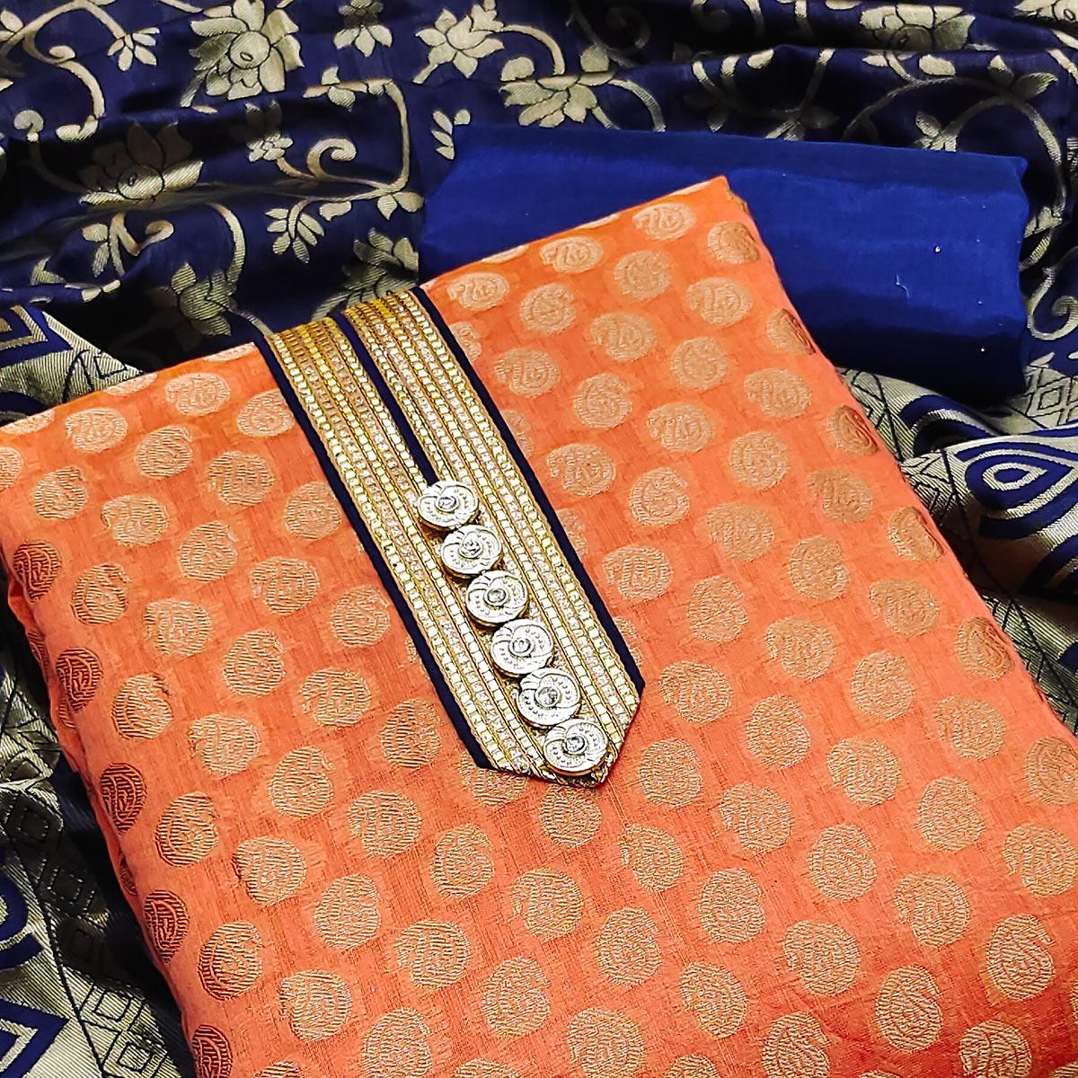 Orange Festive Wear Woven Chanderi Dress Material - Peachmode