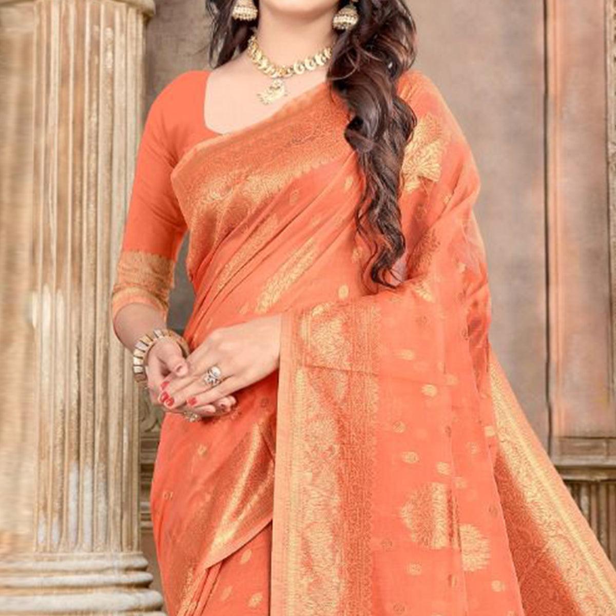 Orange Festive Wear Woven Chanderi Silk Saree - Peachmode