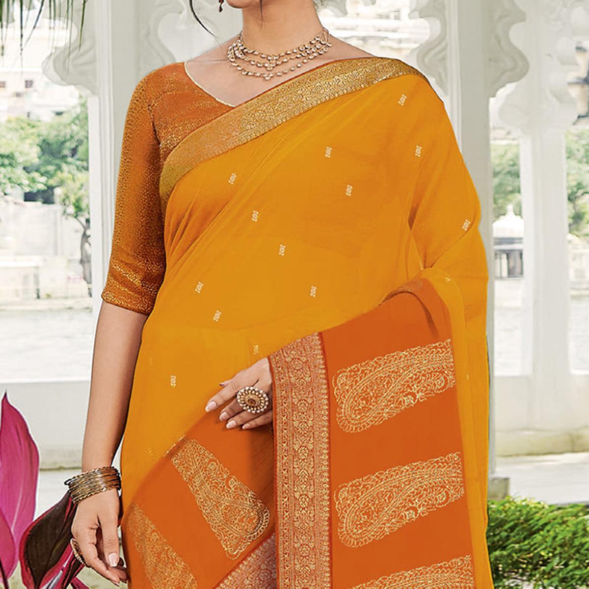 Orange Festive Wear Woven Chiffon Saree - Peachmode