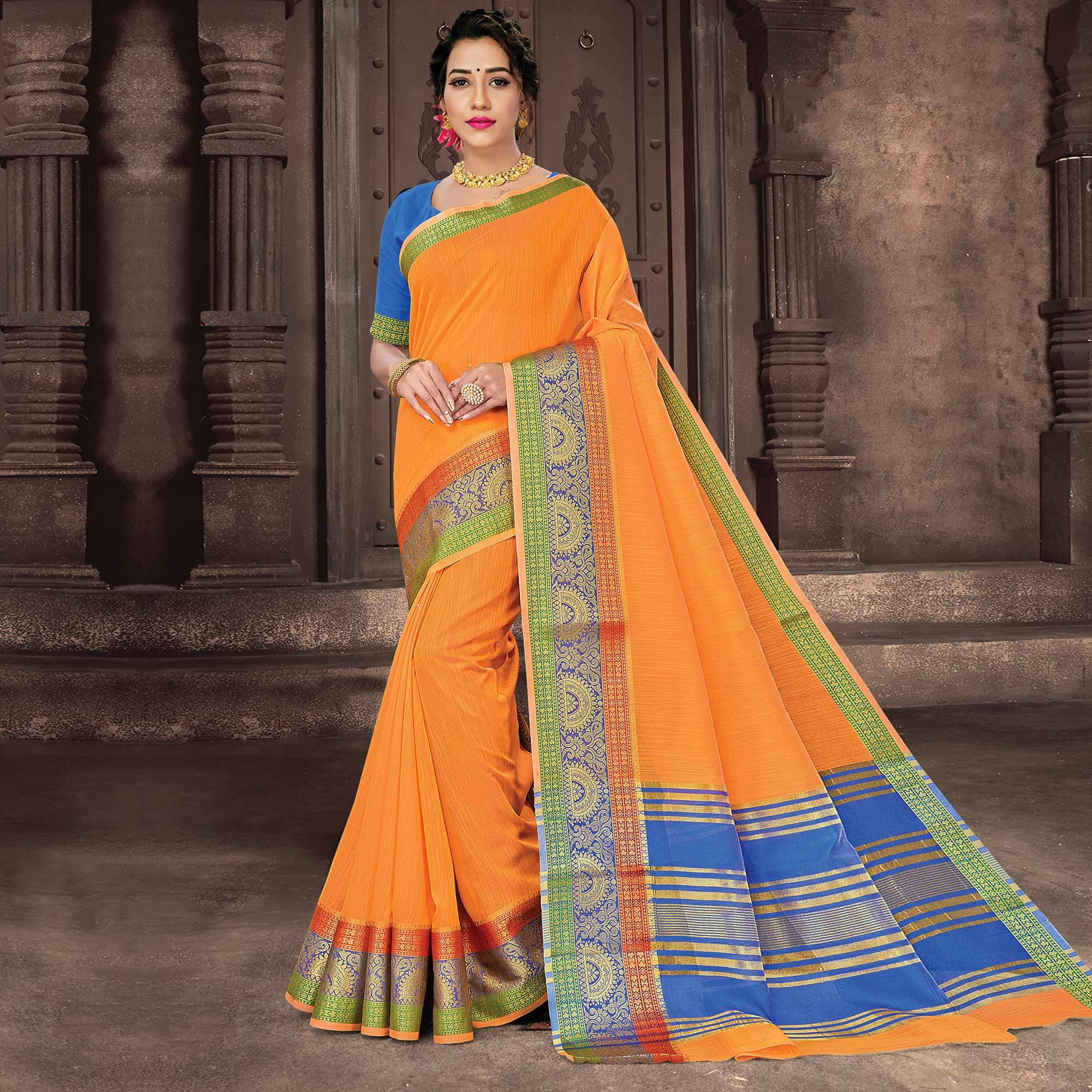 Orange Festive Wear Woven Cotton Handloom Saree - Peachmode