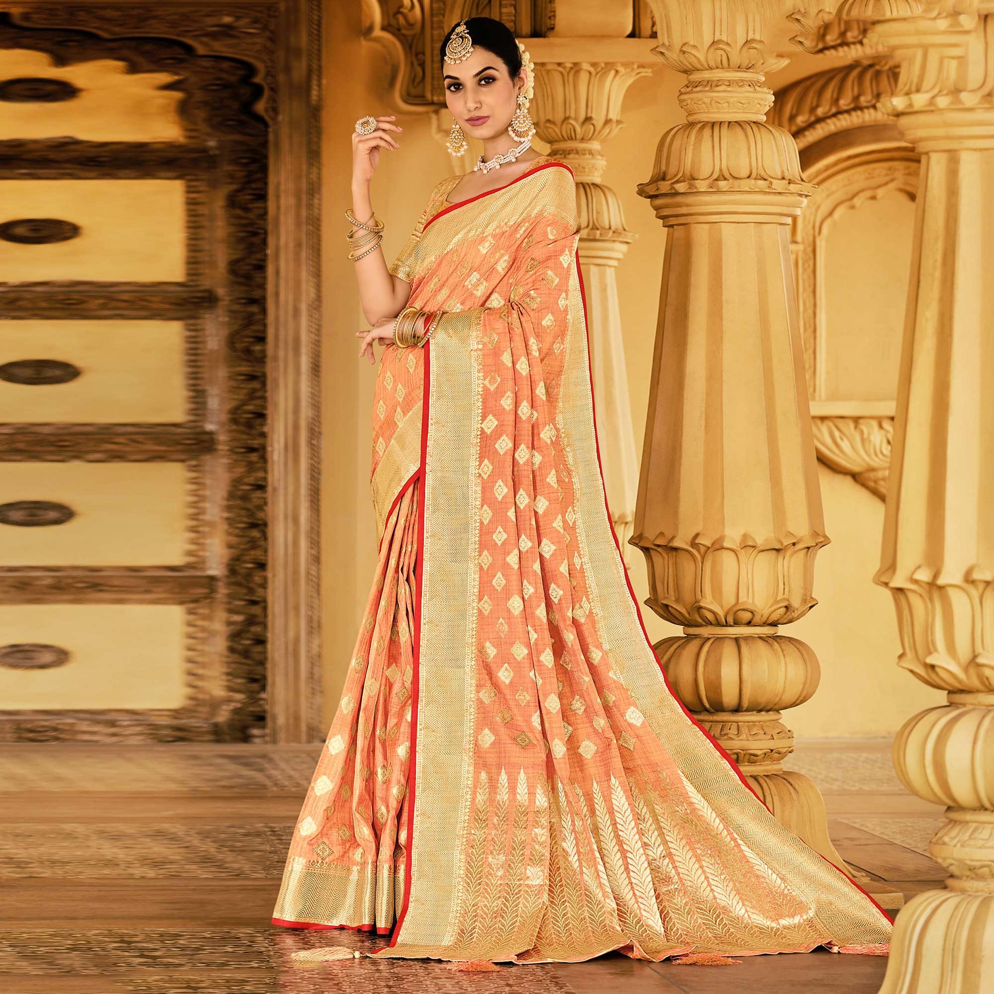 Orange Festive Wear Woven Cotton Handloom Saree - Peachmode